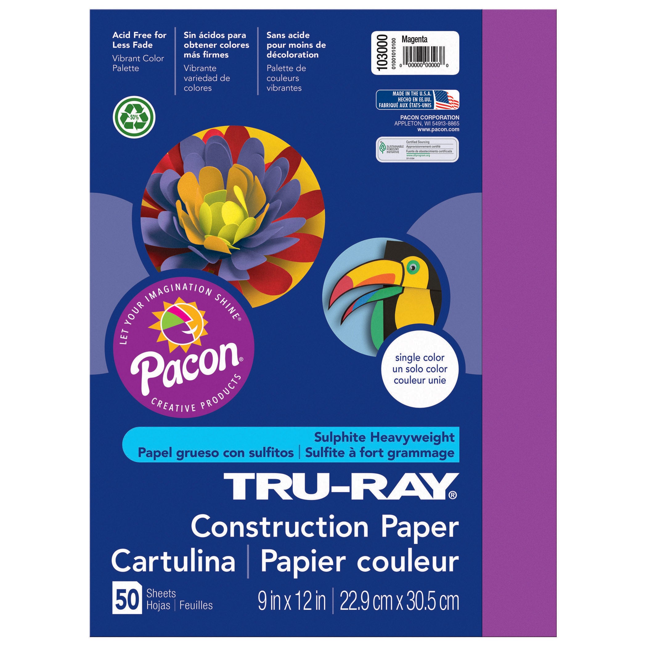 Construction Paper, Magenta, 9" x 12", 50 Sheets Per Pack, 5 Packs