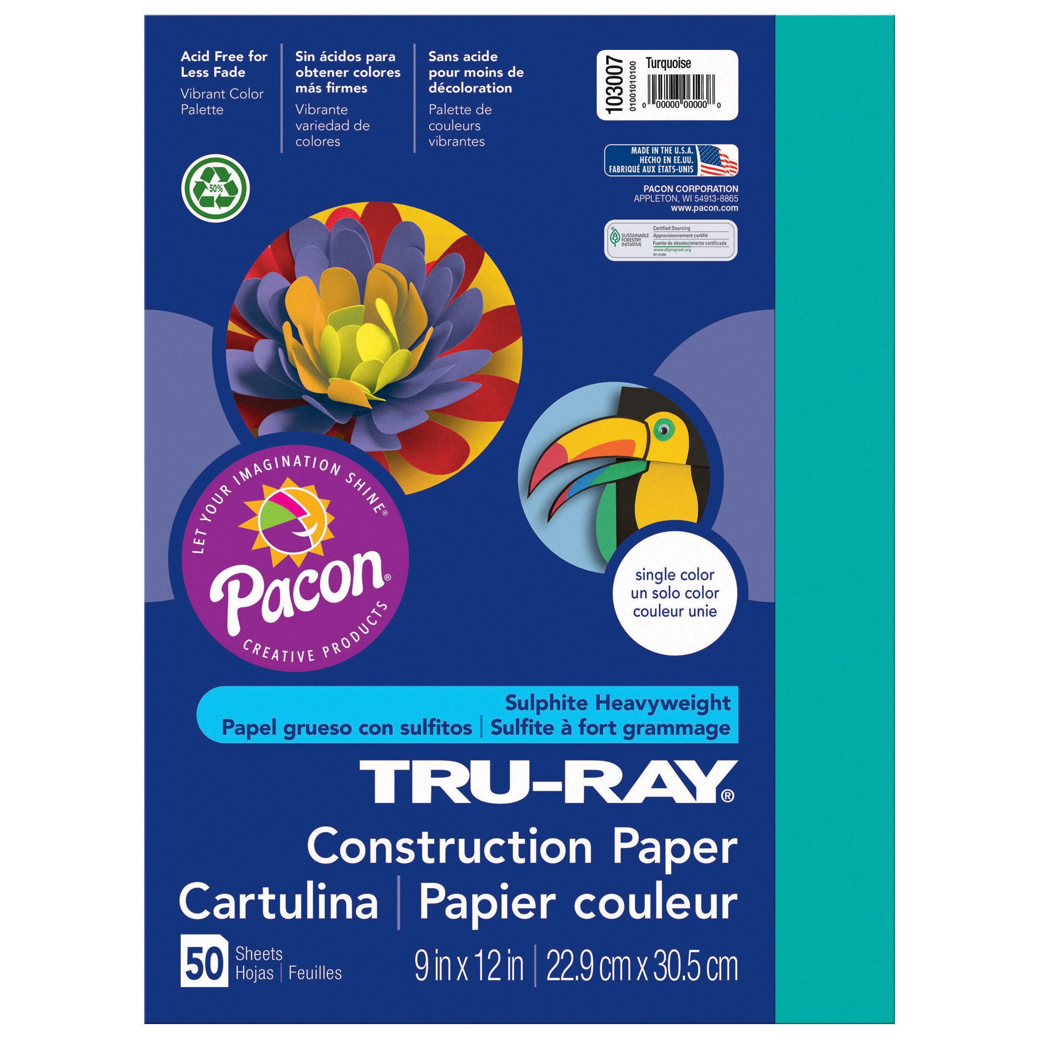 Construction Paper, Turquoise, 9" x 12", 50 Sheets Per Pack, 5 Packs