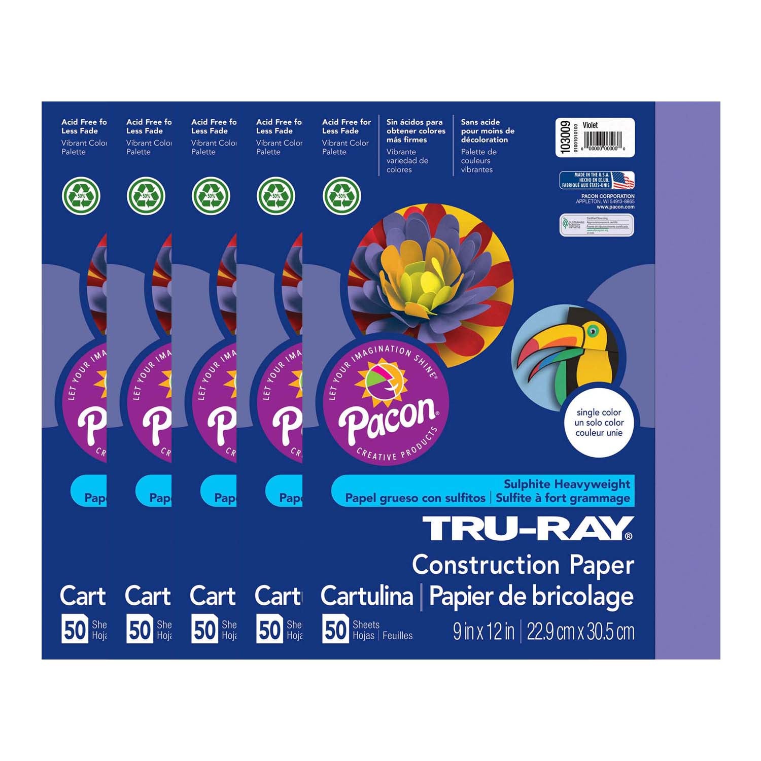 Construction Paper, Violet, 9" x 12", 50 Sheets Per Pack, 5 Packs