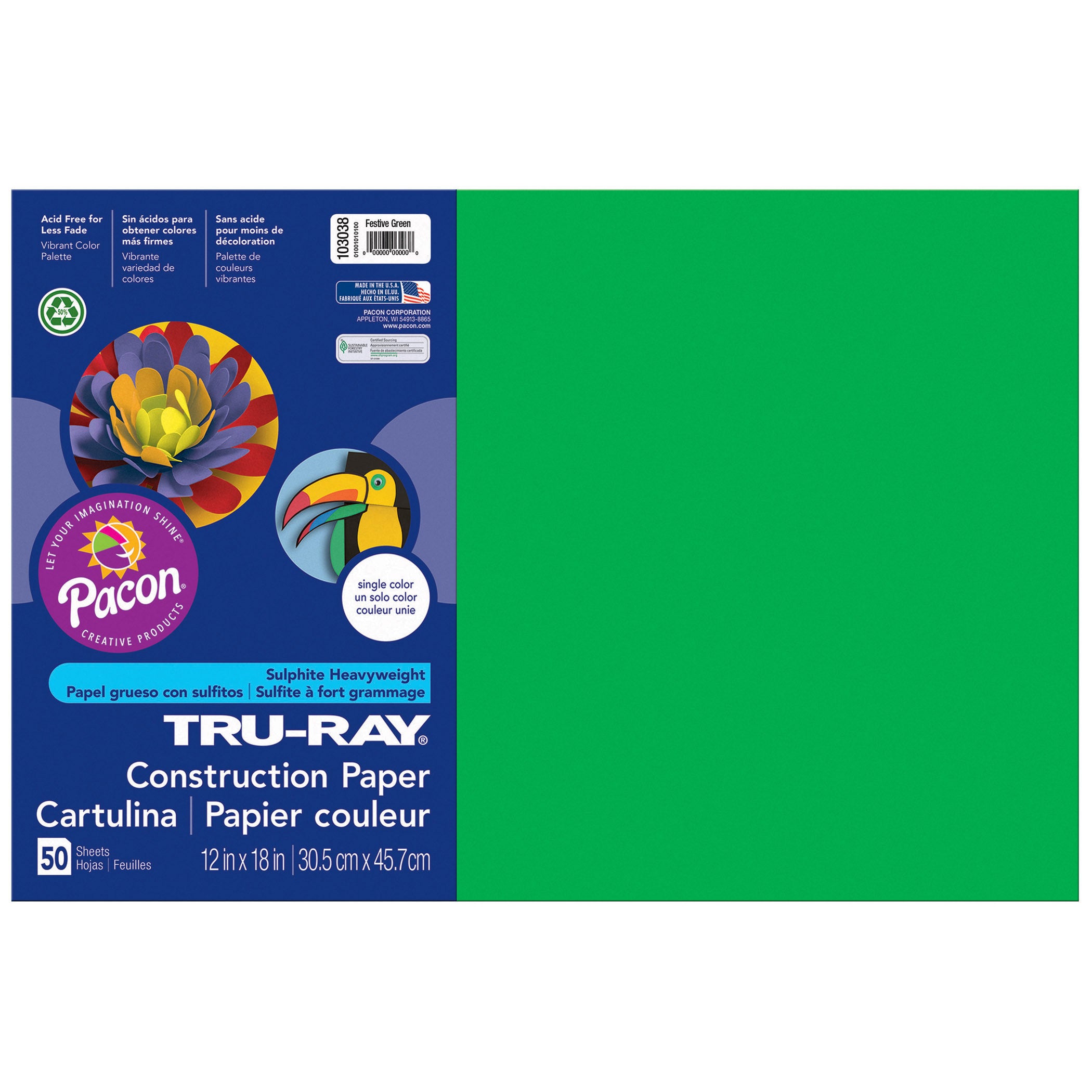 Construction Paper, Festive Green, 12" x 18", 50 Sheets Per Pack, 5 Packs - A1 School Supplies