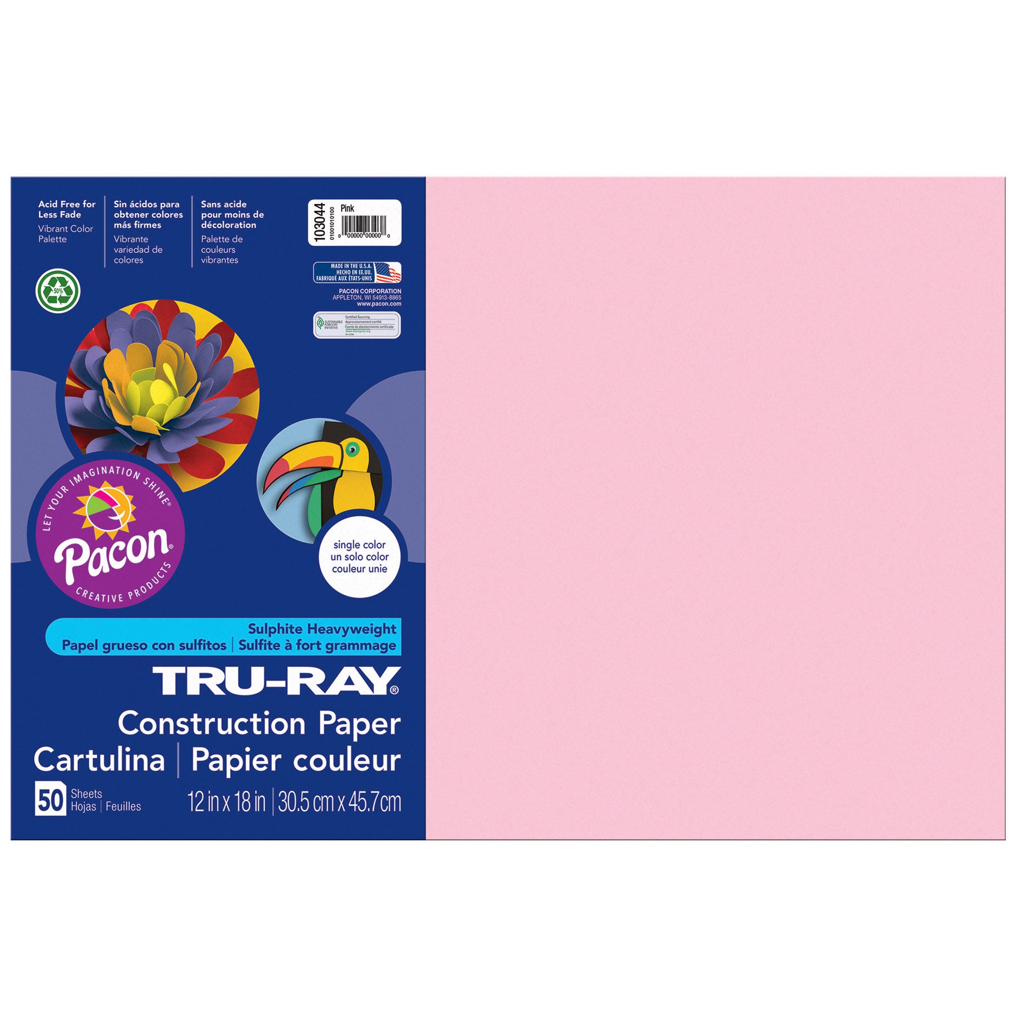 Construction Paper, Pink, 12" x 18", 50 Sheets Per Pack, 5 Packs