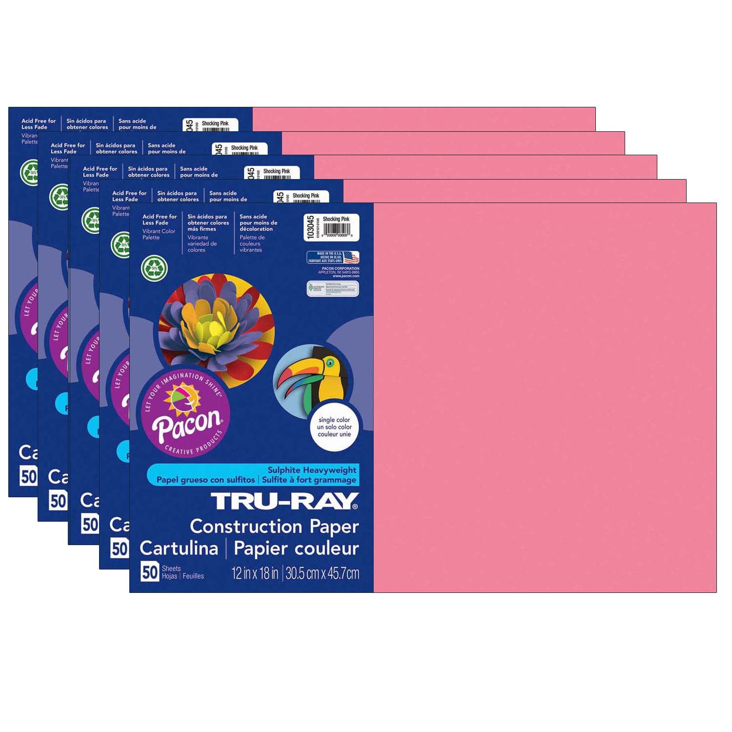 Construction Paper, Shocking Pink, 12" x 18", 50 Sheets Per Pack, 5 Packs