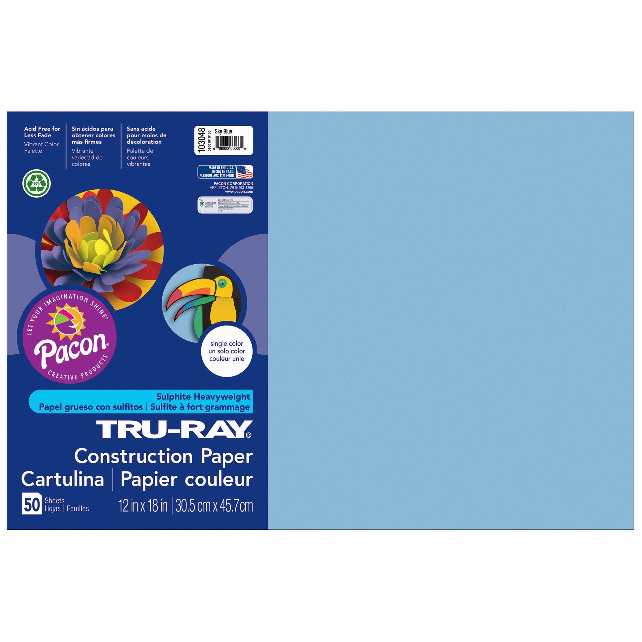 Construction Paper, Sky Blue, 12" x 18", 50 Sheets Per Pack, 5 Packs