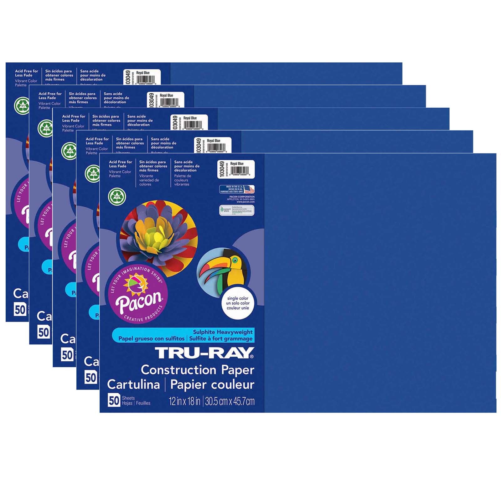 Construction Paper, Royal Blue, 12" x 18", 50 Sheets Per Pack, 5 Packs