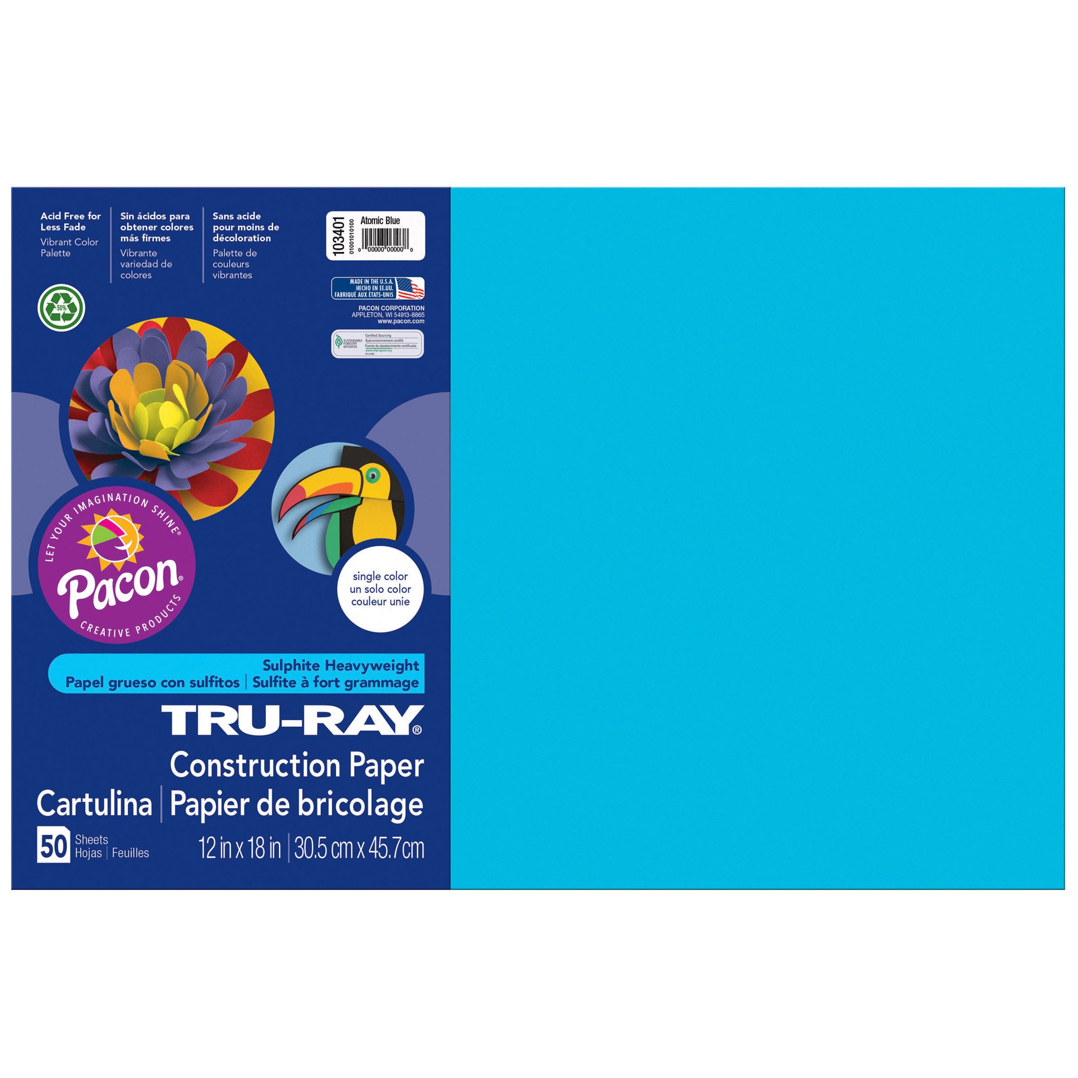 Construction Paper, Atomic Blue, 12" x 18", 50 Sheets Per Pack, 3 Packs - A1 School Supplies