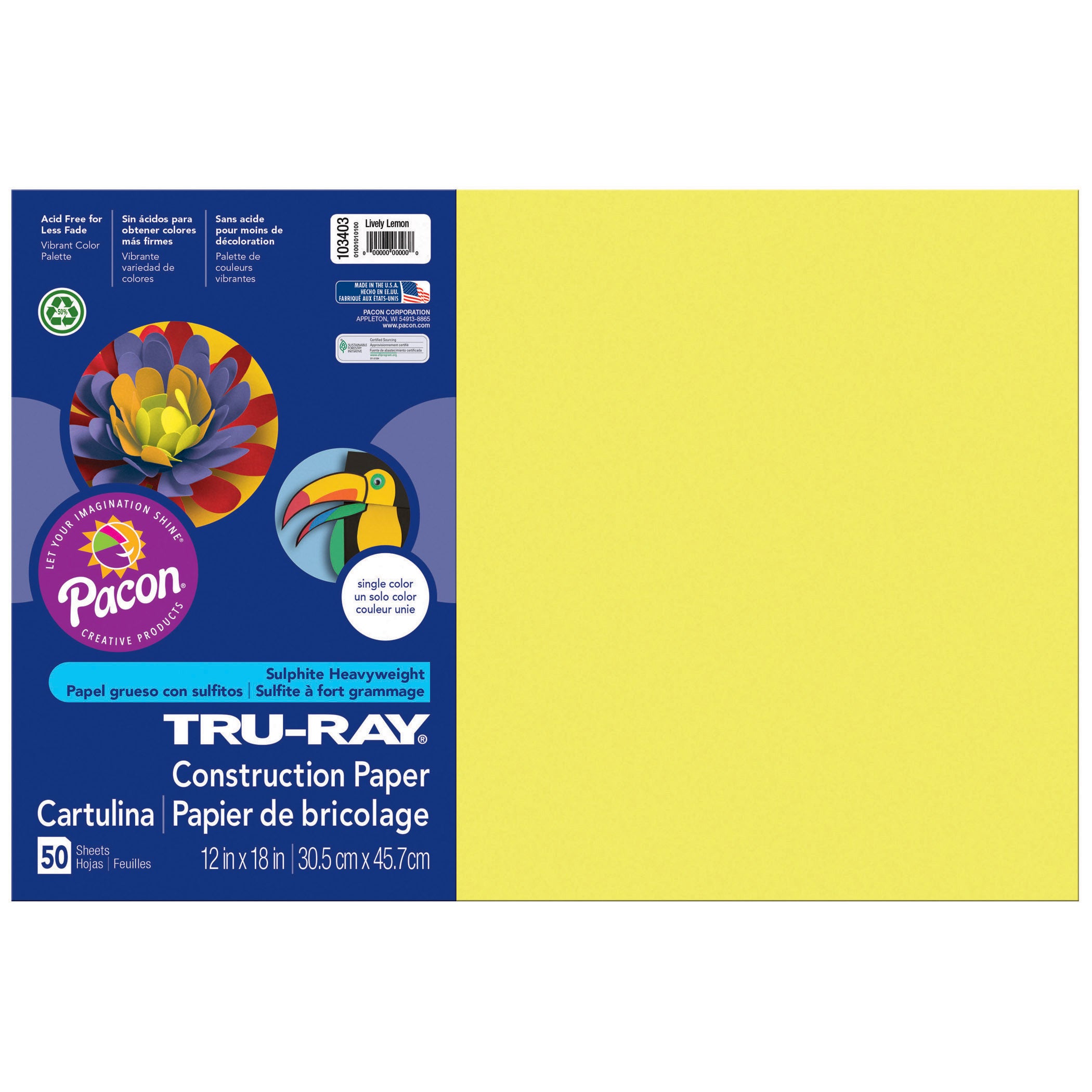 Construction Paper, Lively Lemon, 12" x 18", 50 Sheets Per Pack, 3 Packs - A1 School Supplies