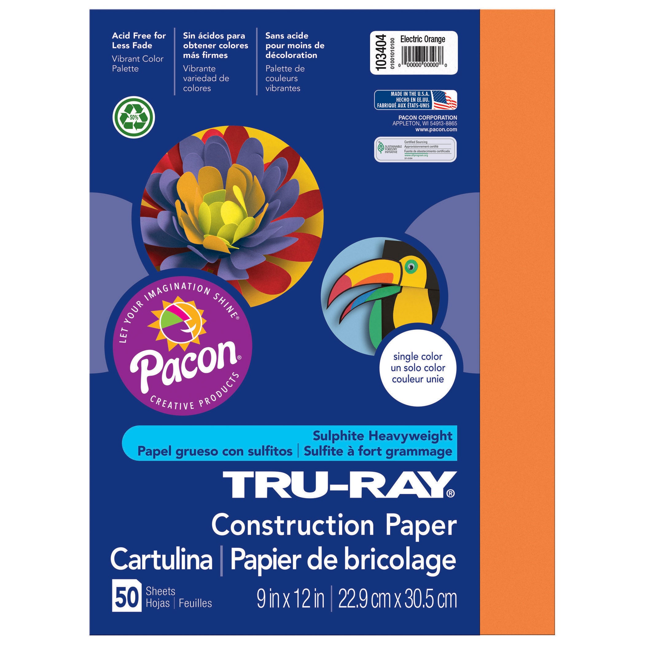 Construction Paper, Electric Orange, 9" x 12", 50 Sheets Per Pack, 5 Packs - A1 School Supplies