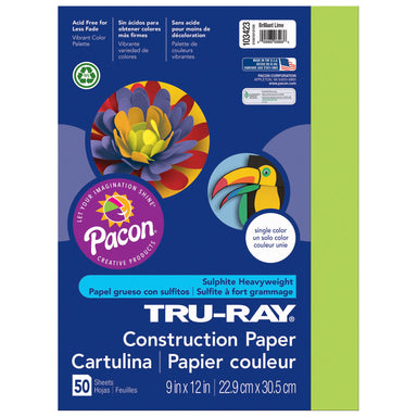 Construction Paper, Brilliant Lime, 9" x 12", 50 Sheets Per Pack, 5 Packs - A1 School Supplies