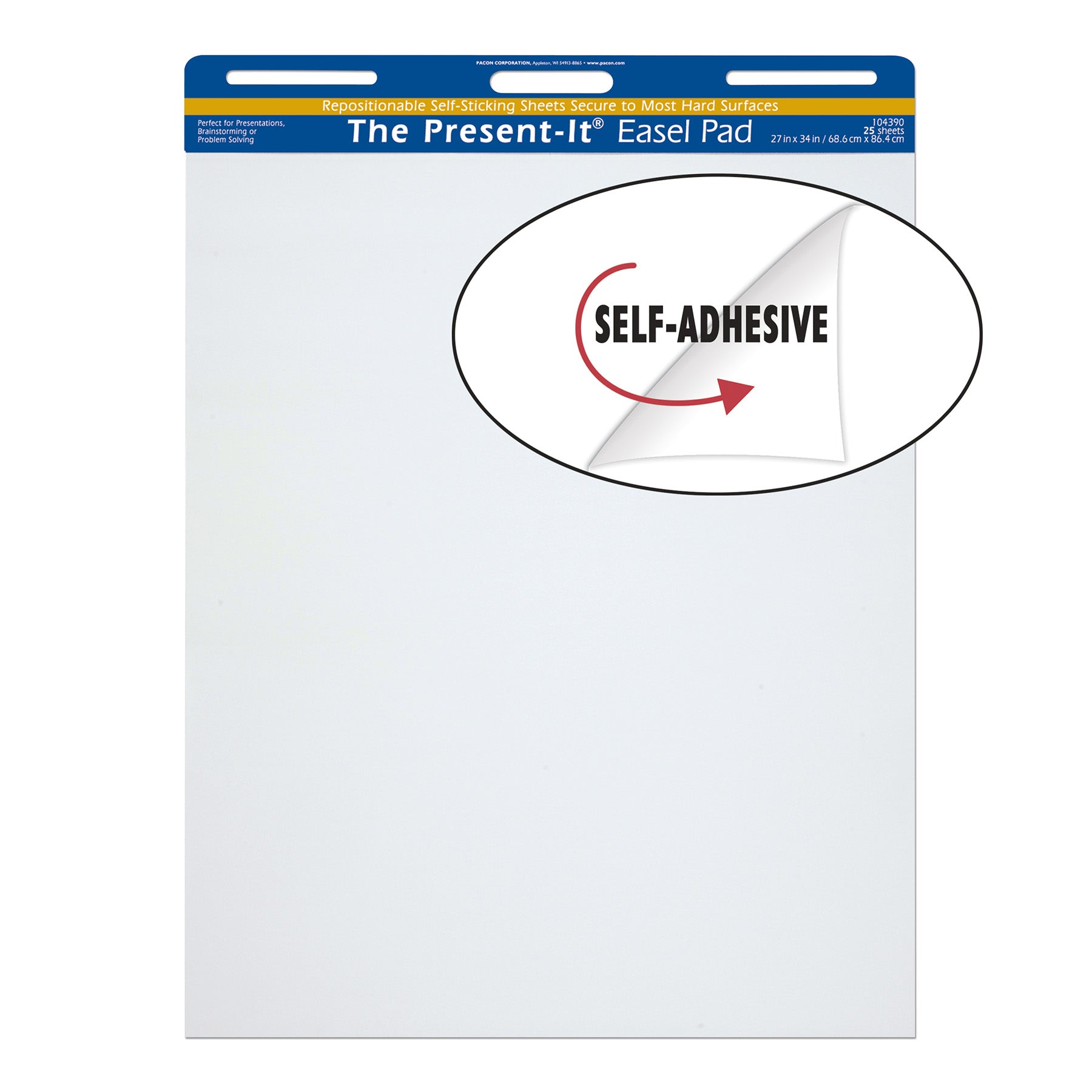 Easel Pad, Self-Adhesive, White, Unruled 27" x 34", 25 Sheets