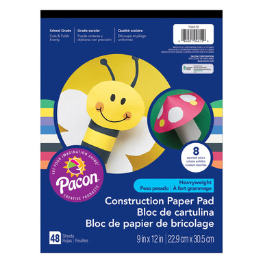 Heavyweight Construction Paper Pad, 8 Assorted Colors, 9" x 12", 48 Sheets Per Pack, 12 Packs - A1 School Supplies