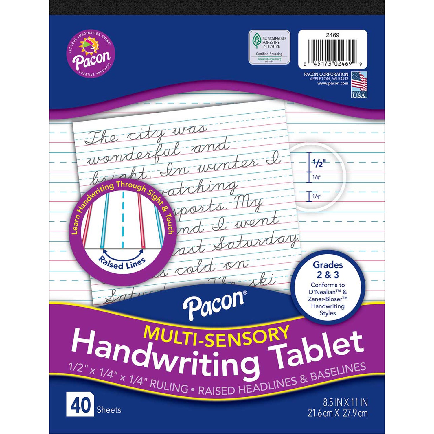 Multi-Sensory Raised Ruled Tablet, Tape-Bound Tablet, 1/2" x 1/4" x 1/4" Ruled Short, 8-1/2" x 11", 40 Sheets, Pack of 3