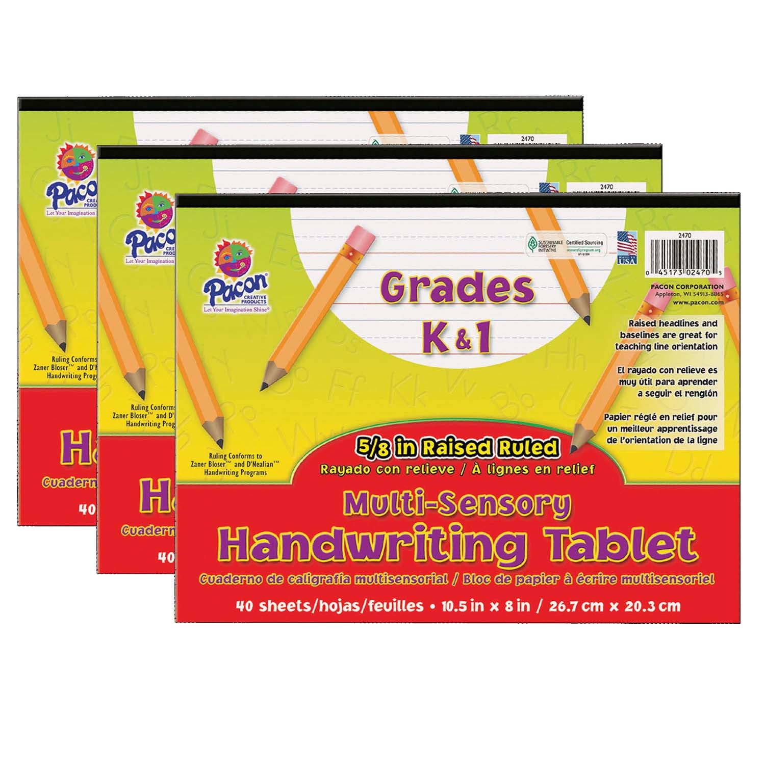 Multi-Sensory Raised Ruled Tablet, Tape Bound, 5/8" x 5/16" x 5/16" Ruled Long, 10-1/2" x 8", 40 Sheets, Pack of 3