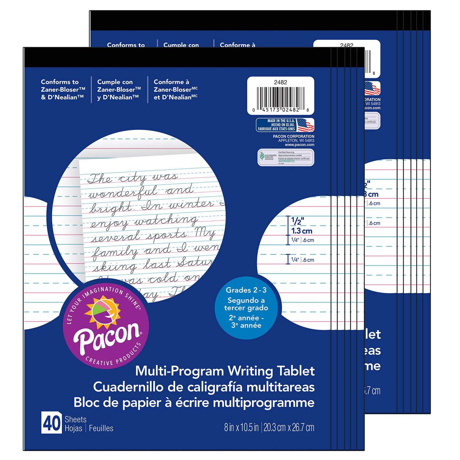 Multi-Program Handwriting Tablet, D'Nealian/Zaner-Bloser, 1/2" x 1/4" x 1/4" Ruled Short, 8" x 10-1/2", 40 Sheets, Pack of 12