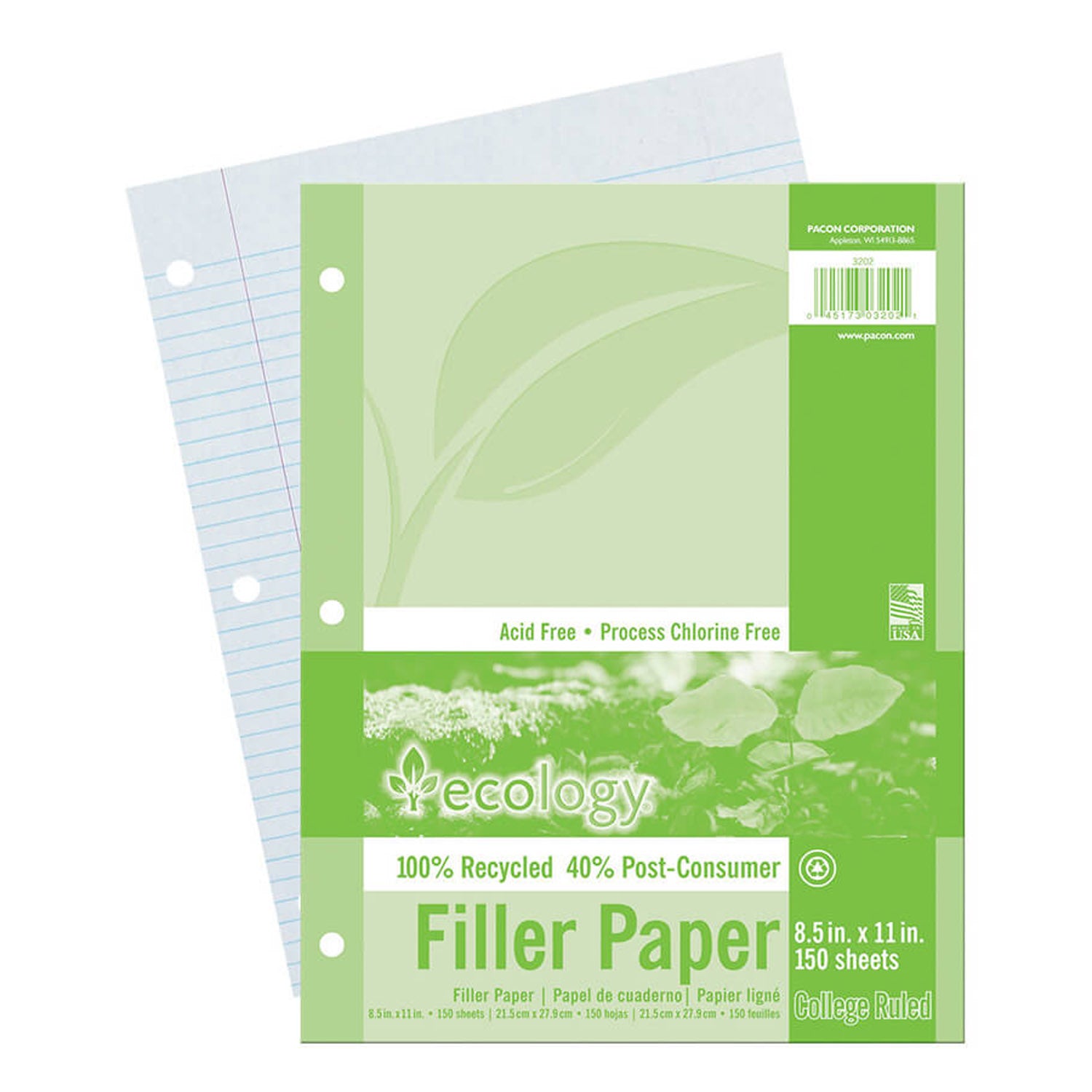 Recycled Filler Paper, White, 3-Hole Punched, 9/32" Ruled w/ Margin 8-1/2" x 11", 150 Sheets Per Pack, 6 Packs