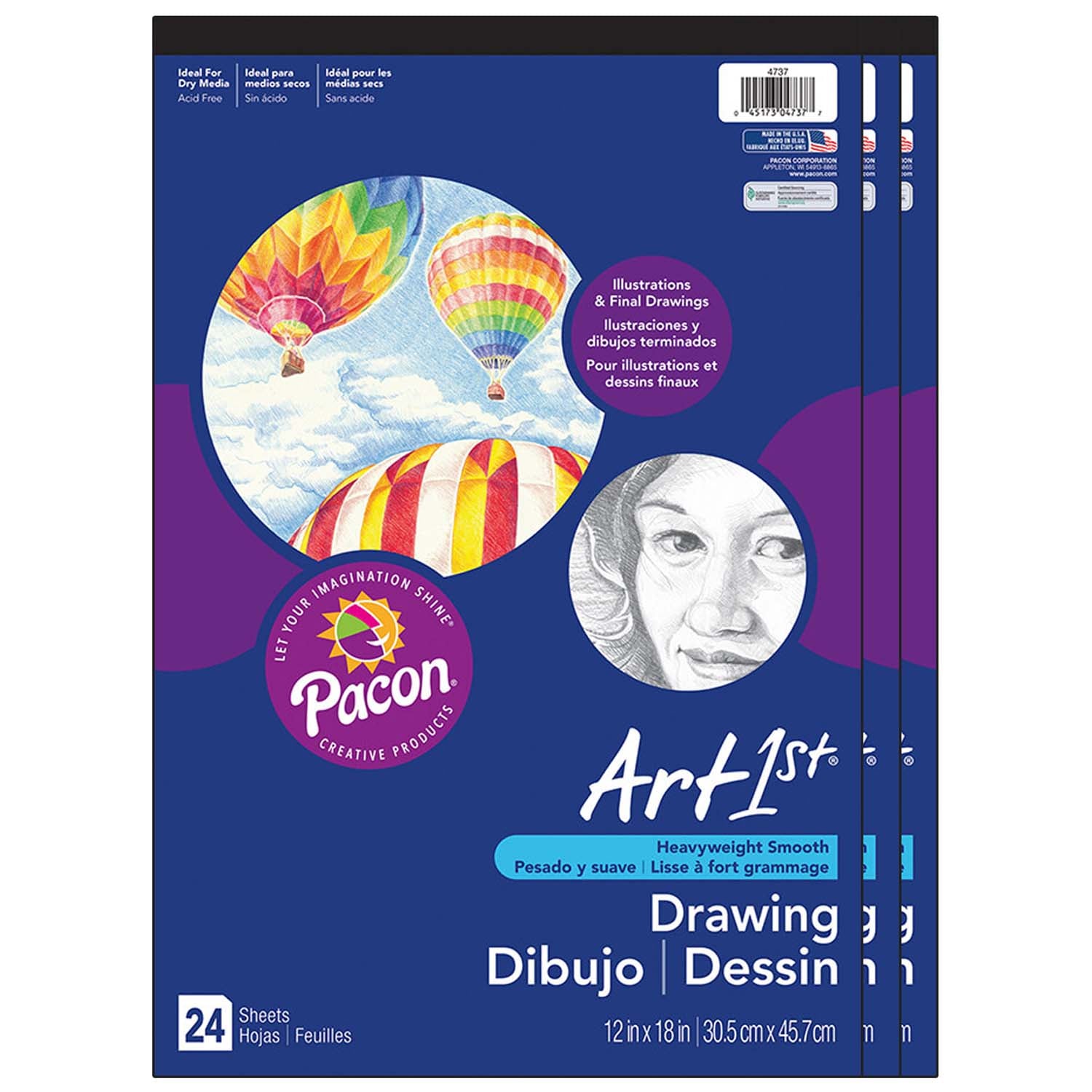 Drawing Paper Pad, Heavyweight, 12" x 18", 24 Sheets, Pack of 3