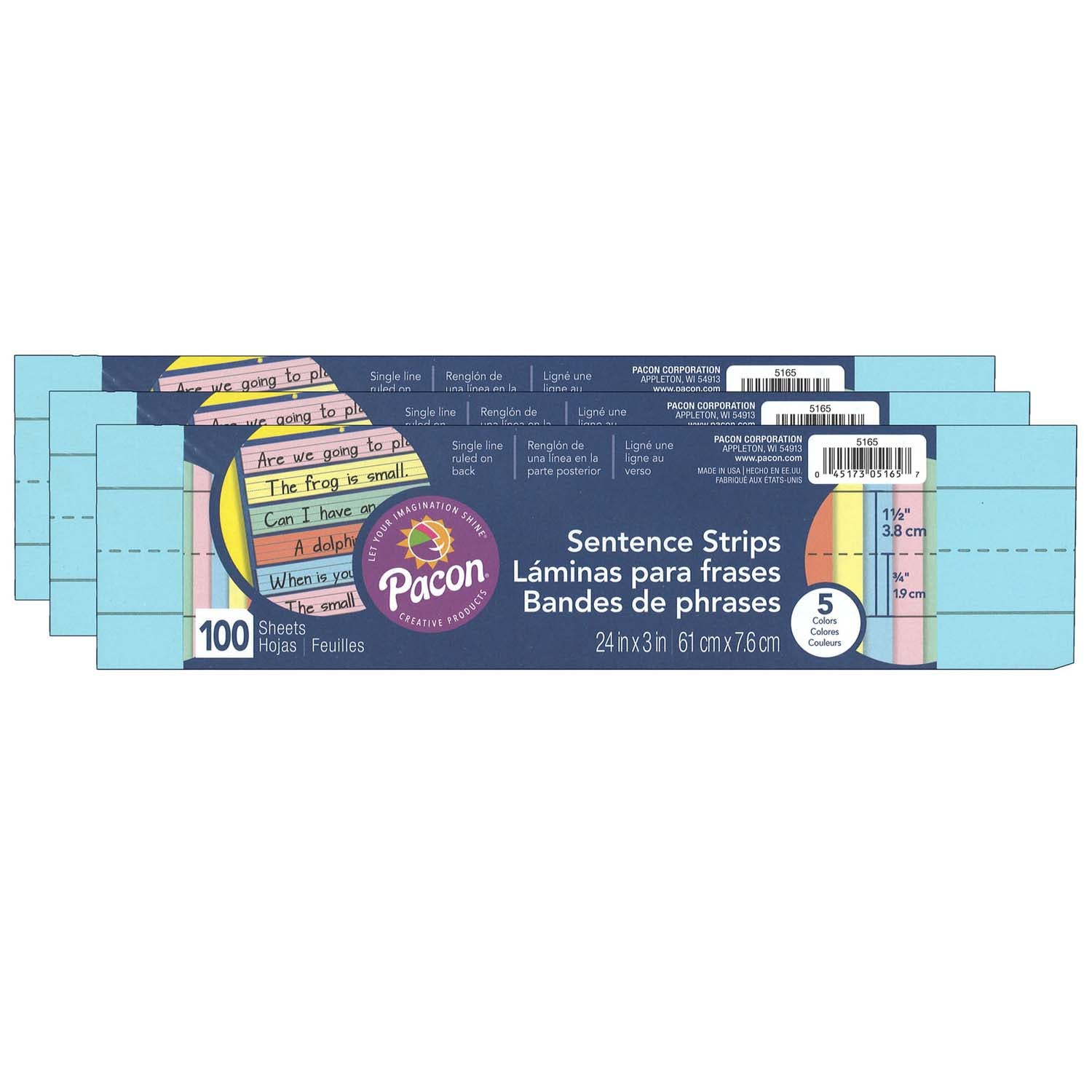 Sentence Strips, 5 Assorted Colors, 1-1/2" Ruled, 3" x 24", 100 Strips Per Pack, 3 Packs - A1 School Supplies