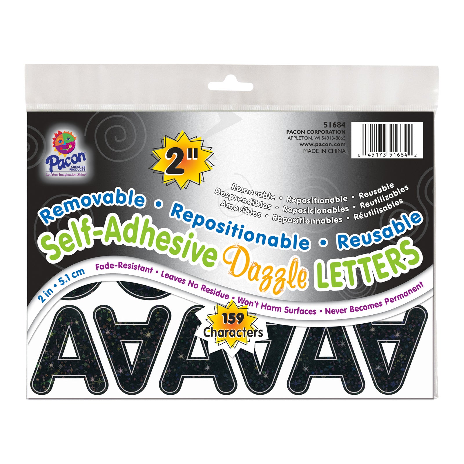 Self-Adhesive Letters, Black Dazzle, Puffy Font, 2", 159 Per Pack, 2 Packs