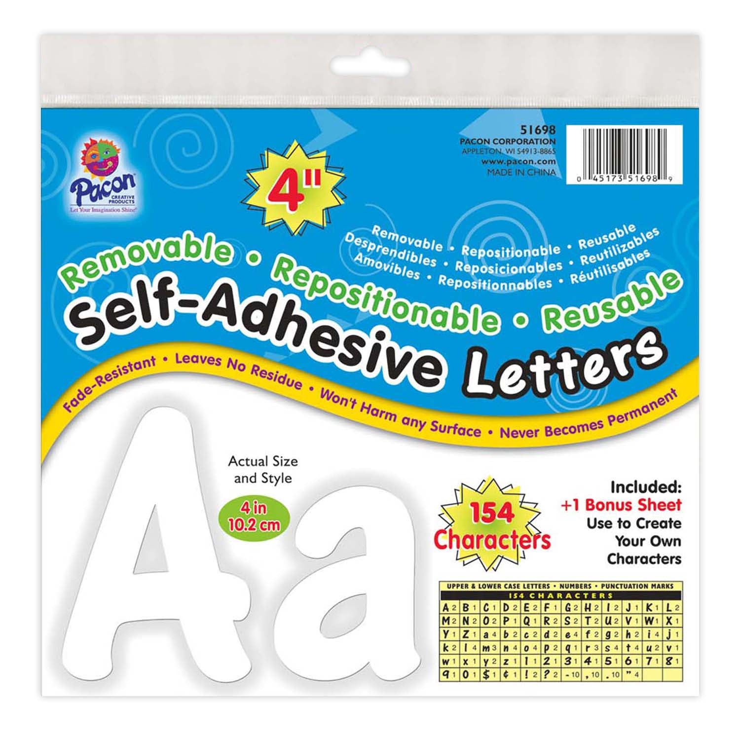 Self-Adhesive Letters, White, Cheery Font, 4", 154 Per Pack, 2 Packs