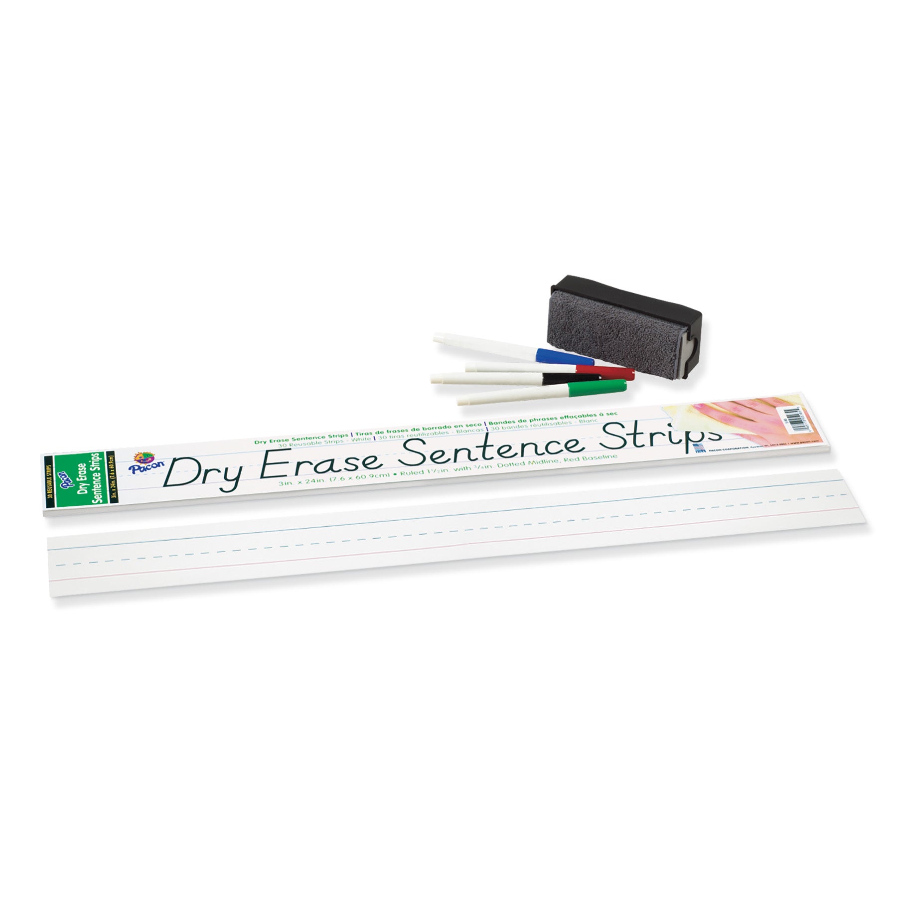 Dry Erase Sentence Strips, White, 1-1/2" X 3/4" Ruled, 3" x 24", 30 Per Pack, 3 Packs