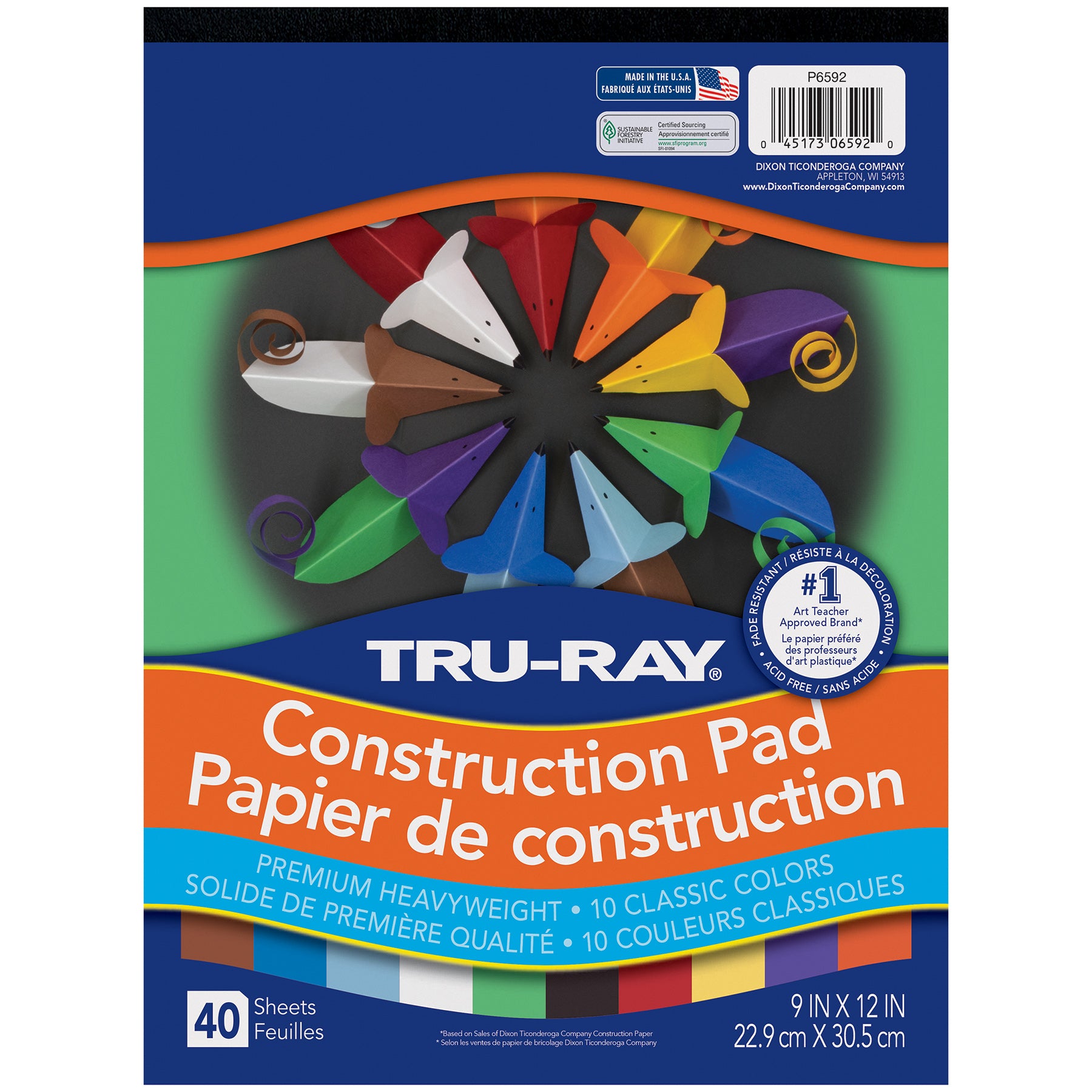 Construction Paper Pad, 10 Classic Colors, 9" x 12", 40 Sheets, Pack of 6