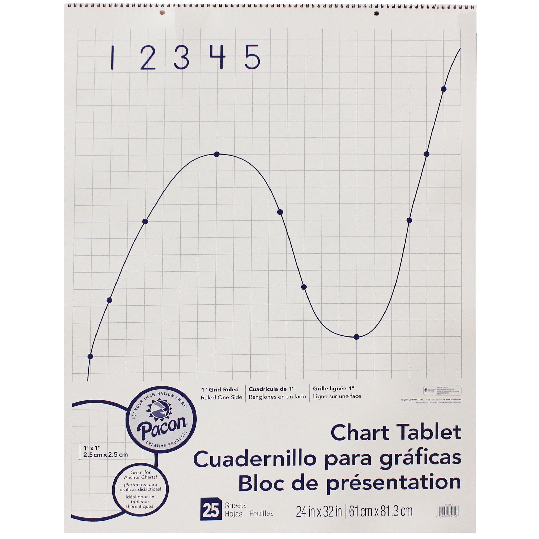 Grid Ruled Chart Tablet, Spiral Bound, 1" Grid, 24" x 32", 25 Sheets, Pack of 2