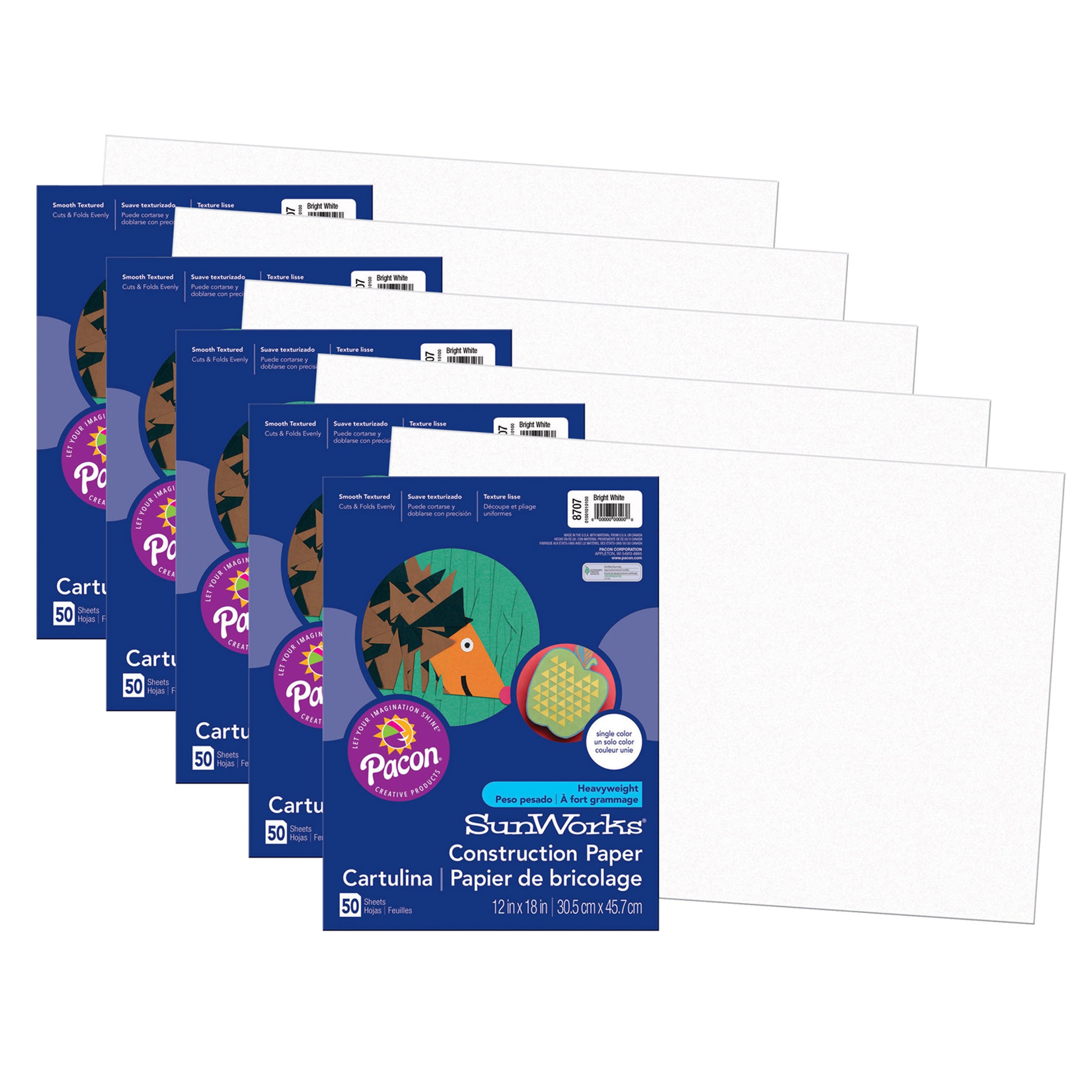 Construction Paper, Bright White, 12" x 18", 50 Sheets Per Pack, 5 Packs