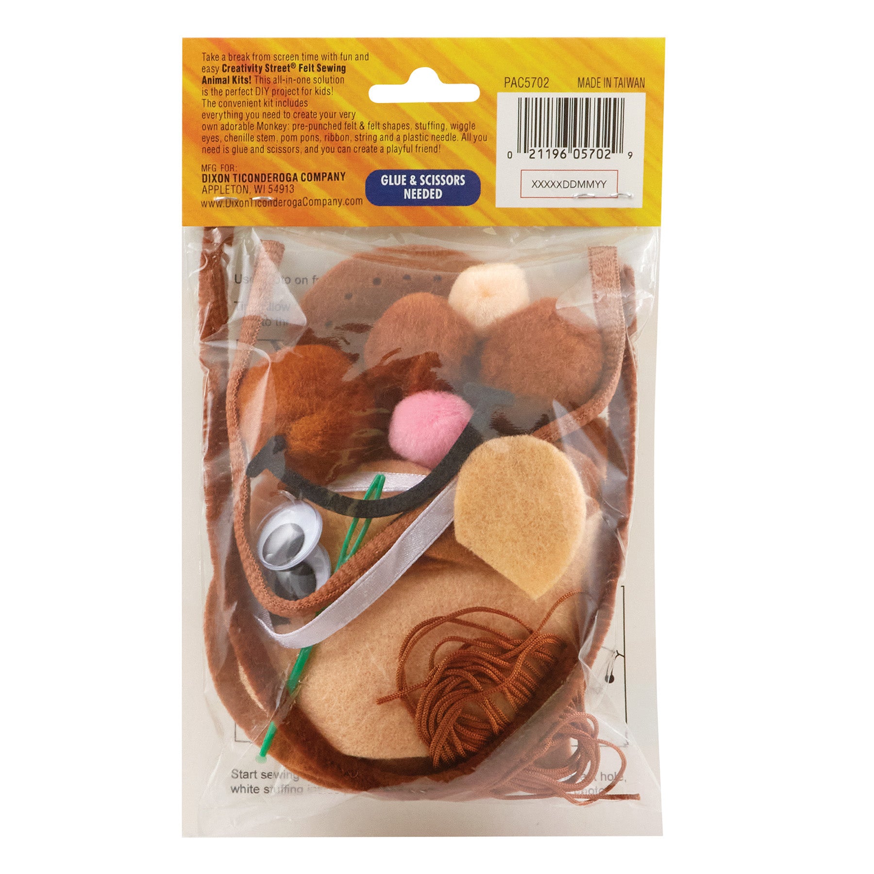 Felt Sewing Animal Kit, Monkey, 6.5" x 10.5" x 1", 6 Kits