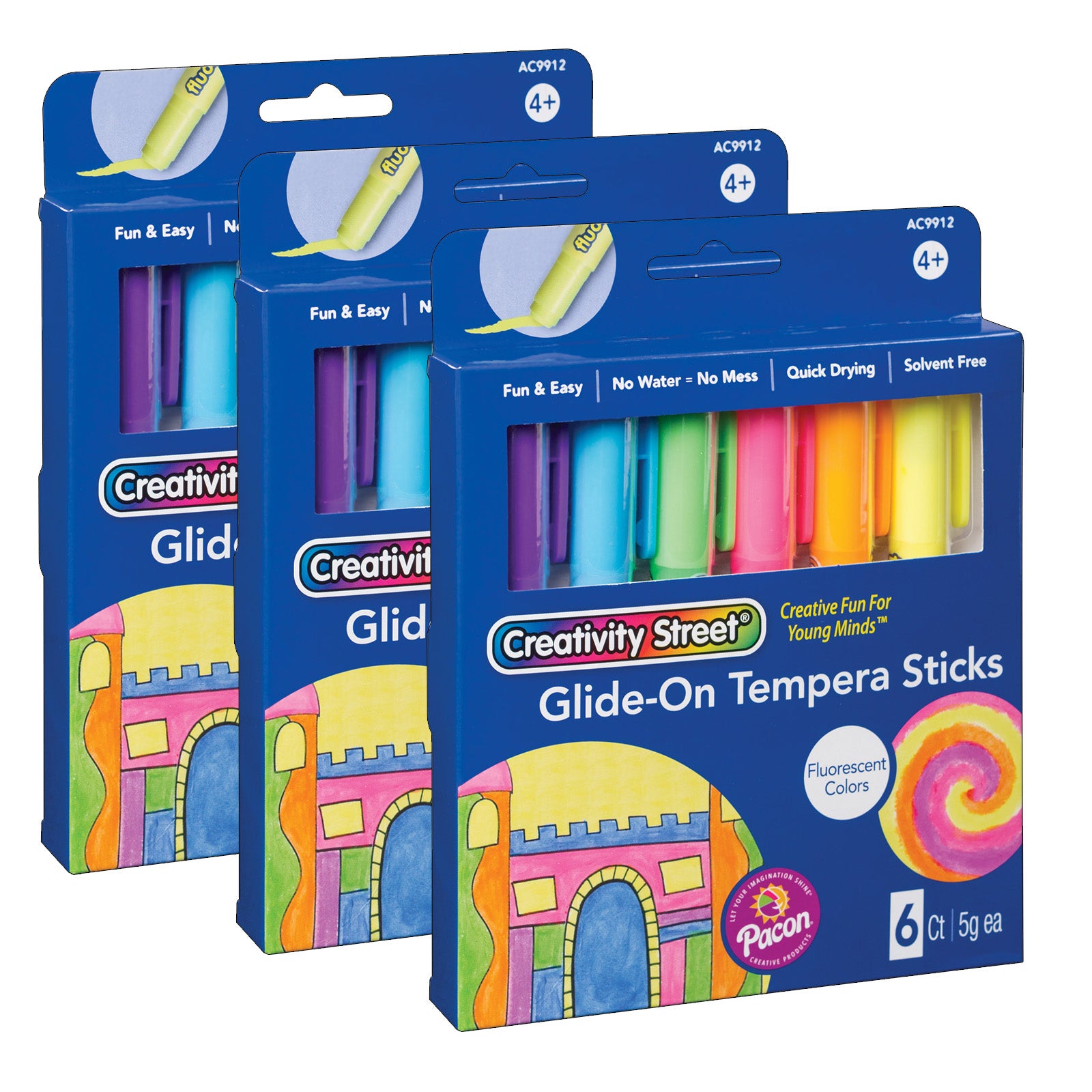 Glide-On Tempera Paint Sticks, Fluorescent Colors, 5 grams, 6 Per Pack, 3 Packs