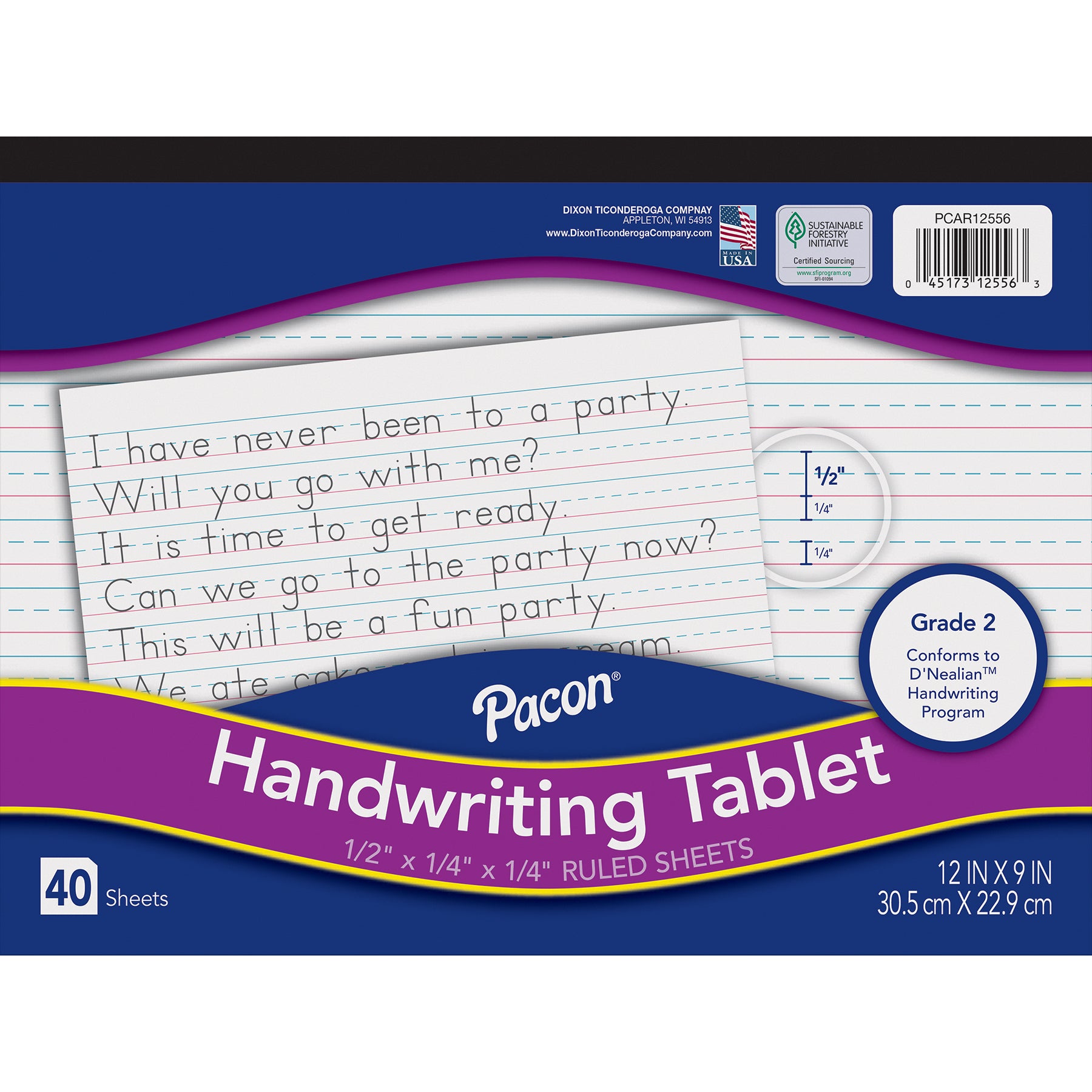 Handwriting Tablet, White, 1/2 in x 1/4 in x 1/4 in Ruled Long, 12" x 9", 40 Sheets, Pack of 12