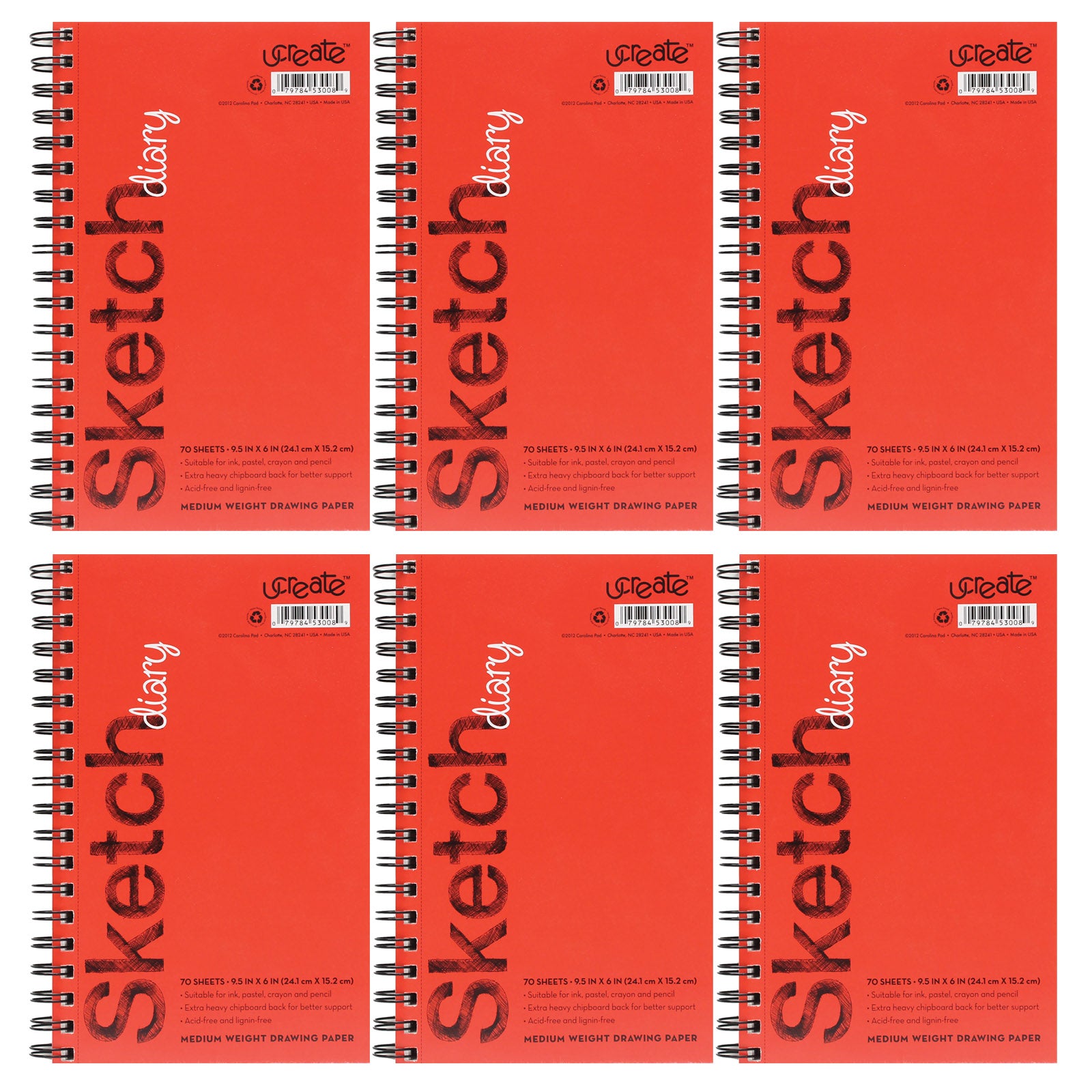 Sketch Diary, Medium Weight, 9-1/2" x 6", 70 Sheets, Pack of 6