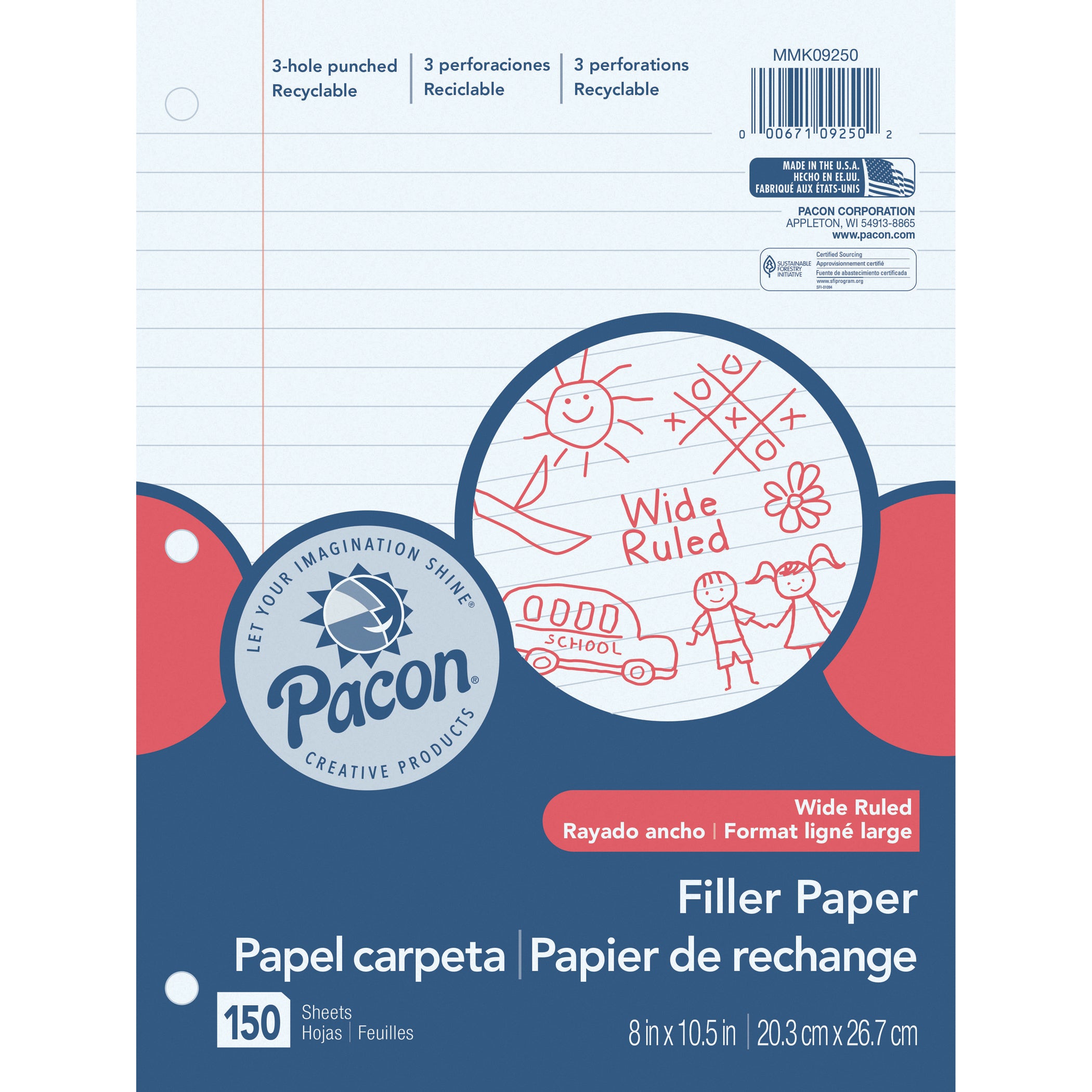 Filler Paper, White, 3-Hole Punched, Red Margin, 3/8" Ruled, 8" x 10-1/2", 150 Sheets Per Pack, 6 Packs