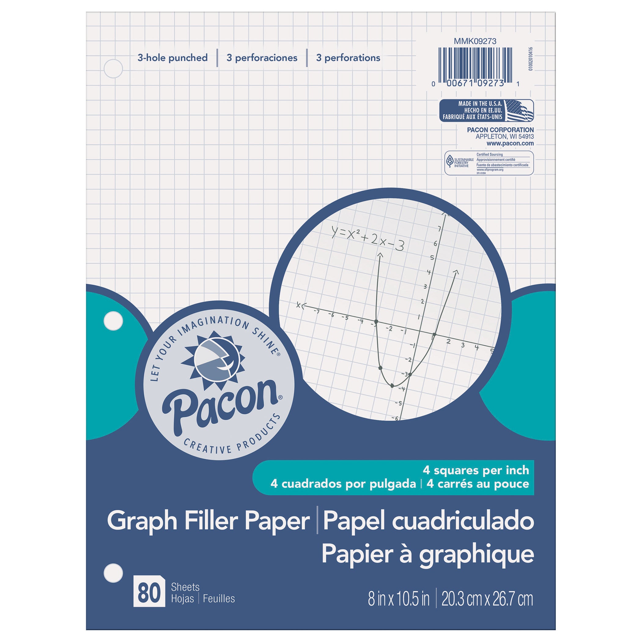 Graphing Paper, White, 3-Hole Punched, 1/4" Quadrille Ruled, 8" x 10-1/2", 80 Sheets Per Pack, 6 Packs