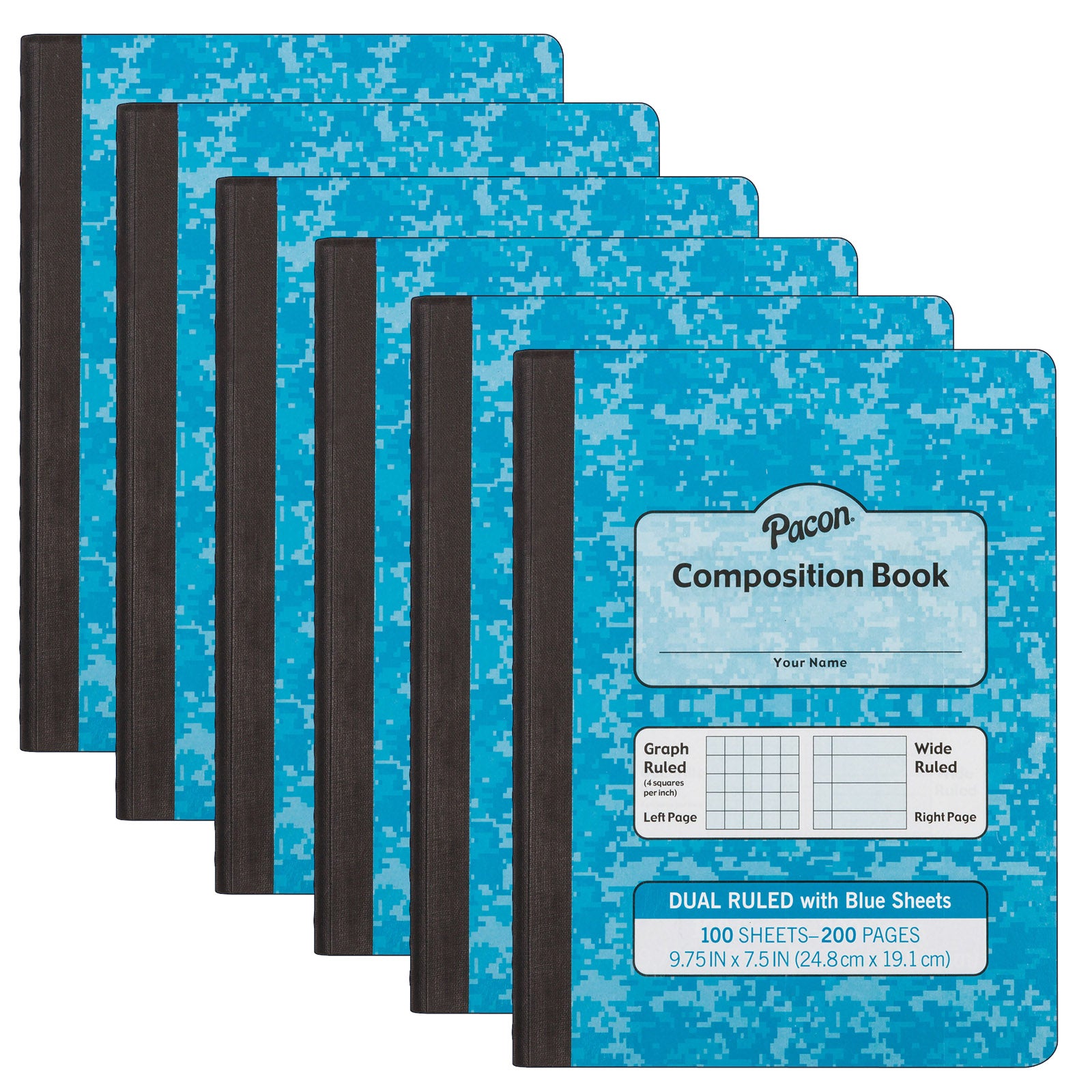 Dual Ruled Composition Book, Blue, 1/4" Grid & 3/8" Wide Ruled, 9-3/4" x 7-1/2", 100 Sheets, Pack of 12