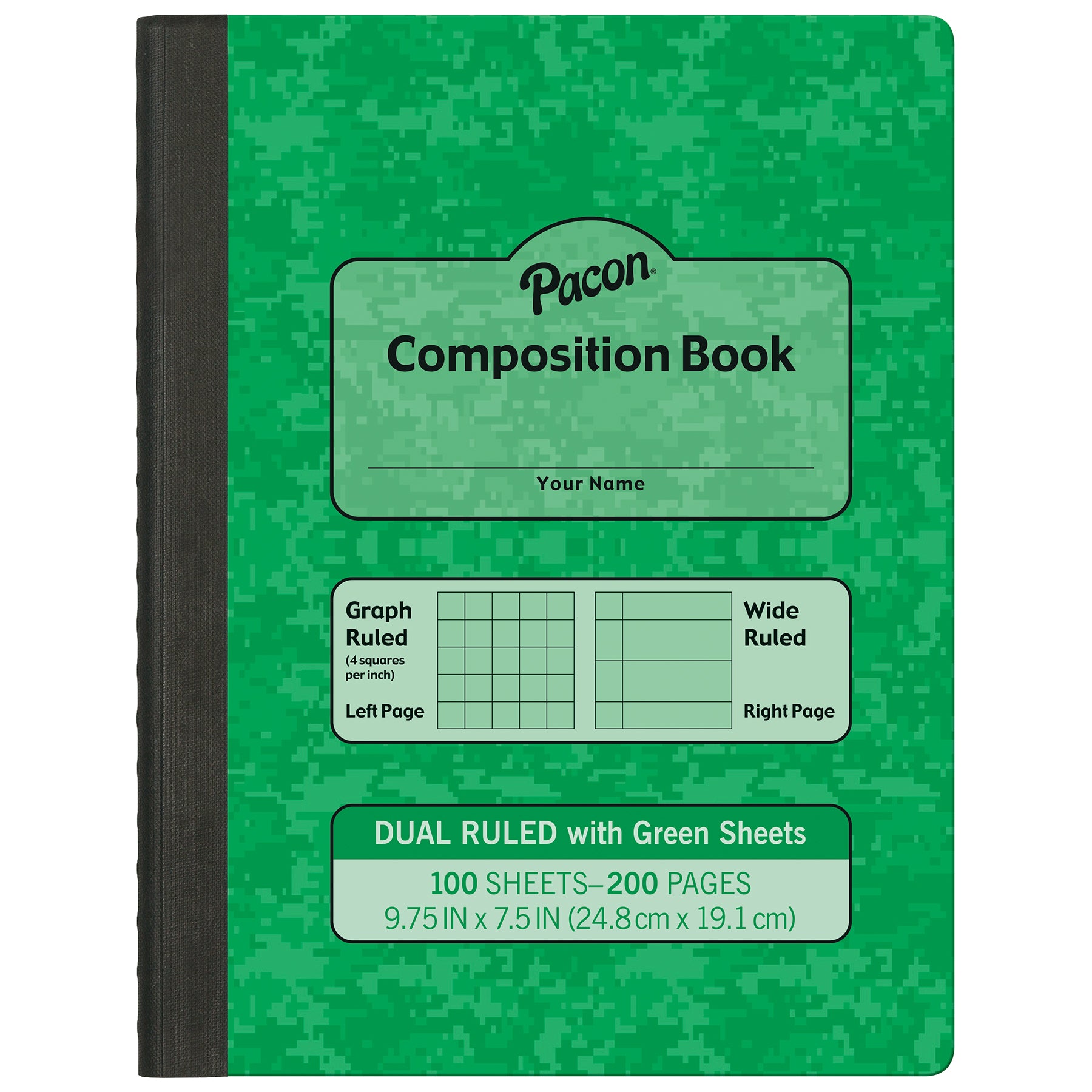 Dual Ruled Composition Book, Green, 1/4 in grid and 3/8 in (wide) 9-3/4" x 7-1/2", 100 Sheets, Pack of 6