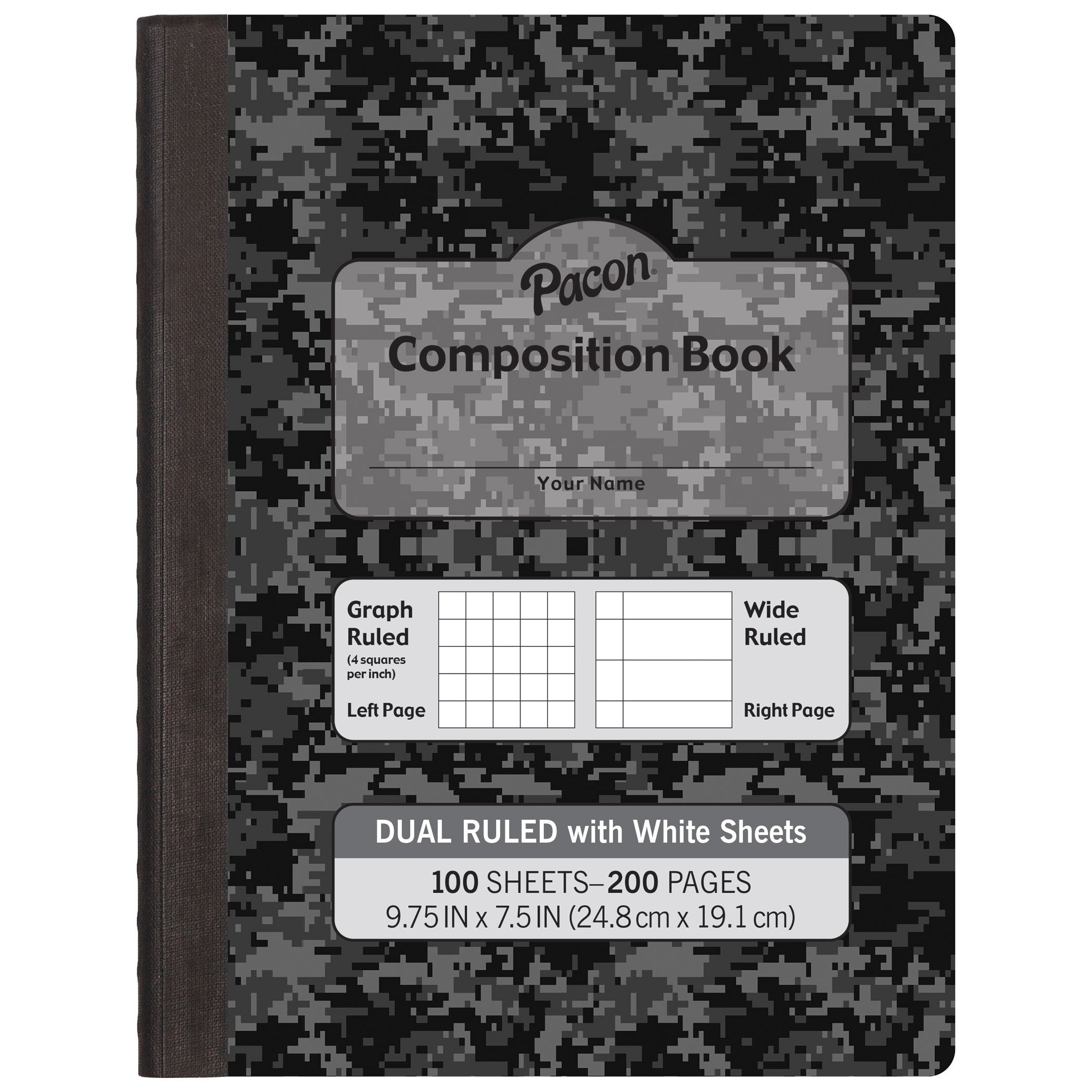 Dual Ruled Composition Book, Dark Gray Marble, 1/4" Grid & 3/8" Wide Ruled, 9-3/4" x 7-1/2", 100 Sheets, Pack of 6