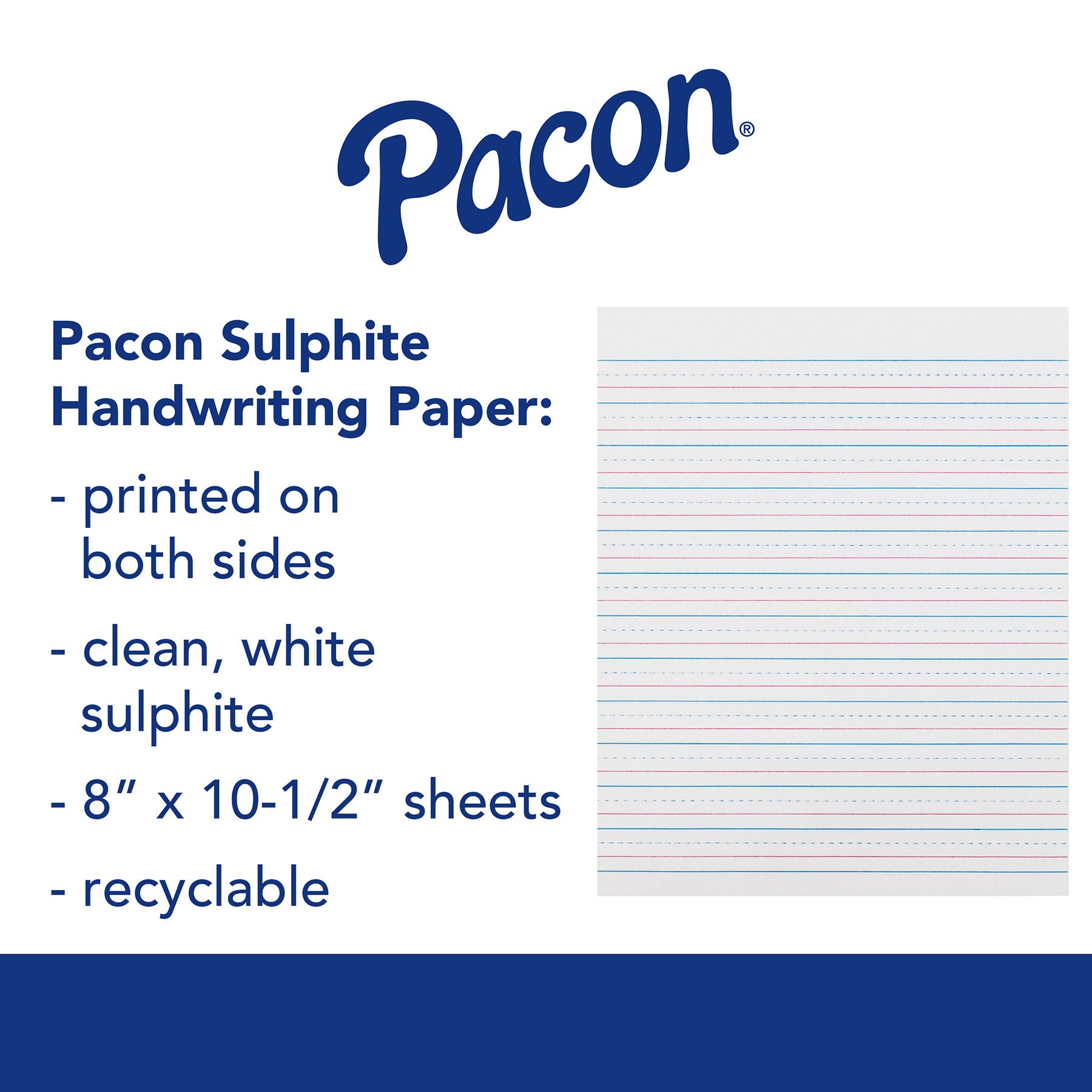 Sulphite Handwriting Paper, Dotted Midline, Grade 2, 1/2" x 1/4" x 1/4" Ruled Short, 8" x 10-1/2", 500 Sheets Per Pack, 2 Packs