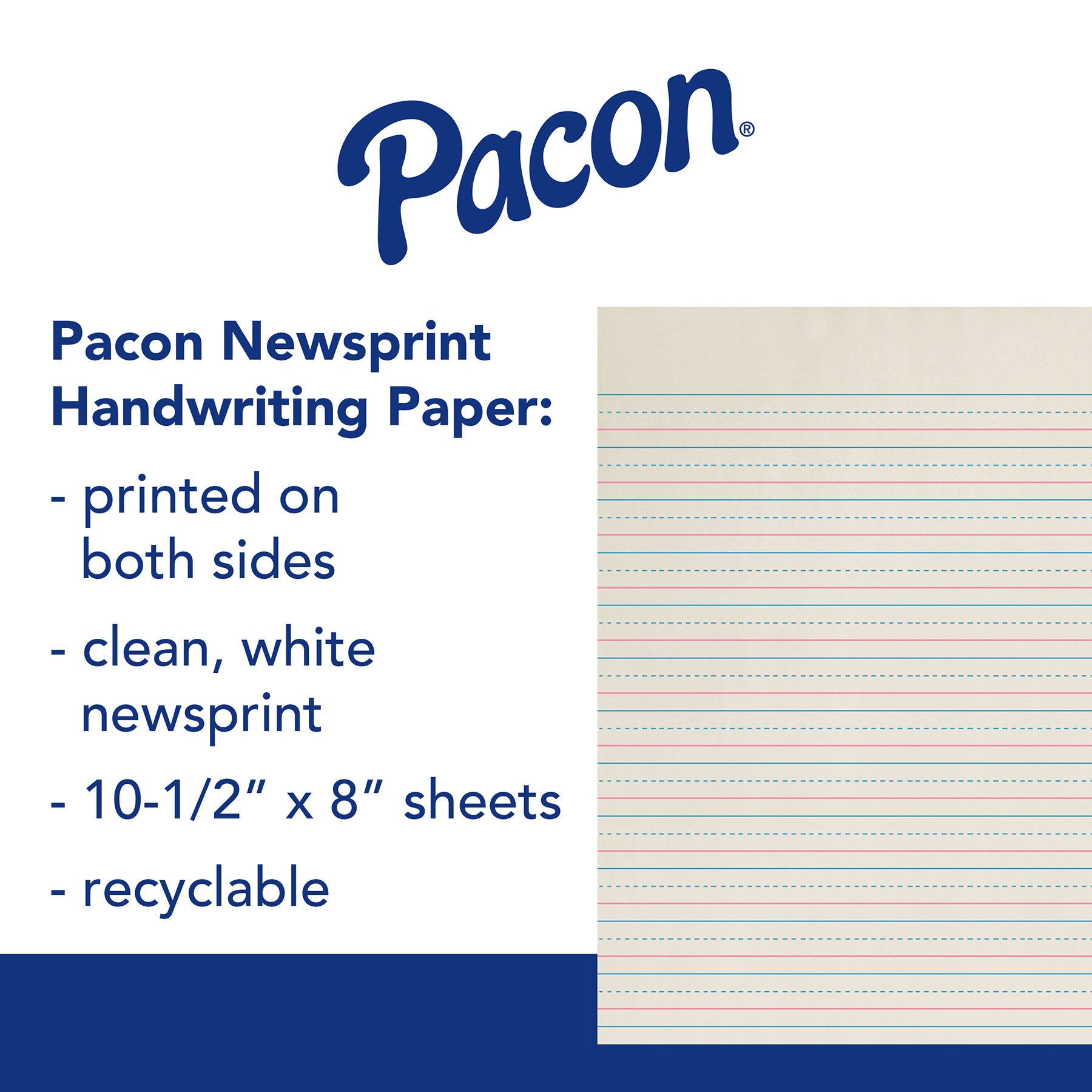 Newsprint Handwriting Paper, Dotted Midline, Grade K, 3/4" x 3/8" x 3/8" Ruled Long, 10-1/2" x 8", 500 Sheets Per Pack, 3 Packs