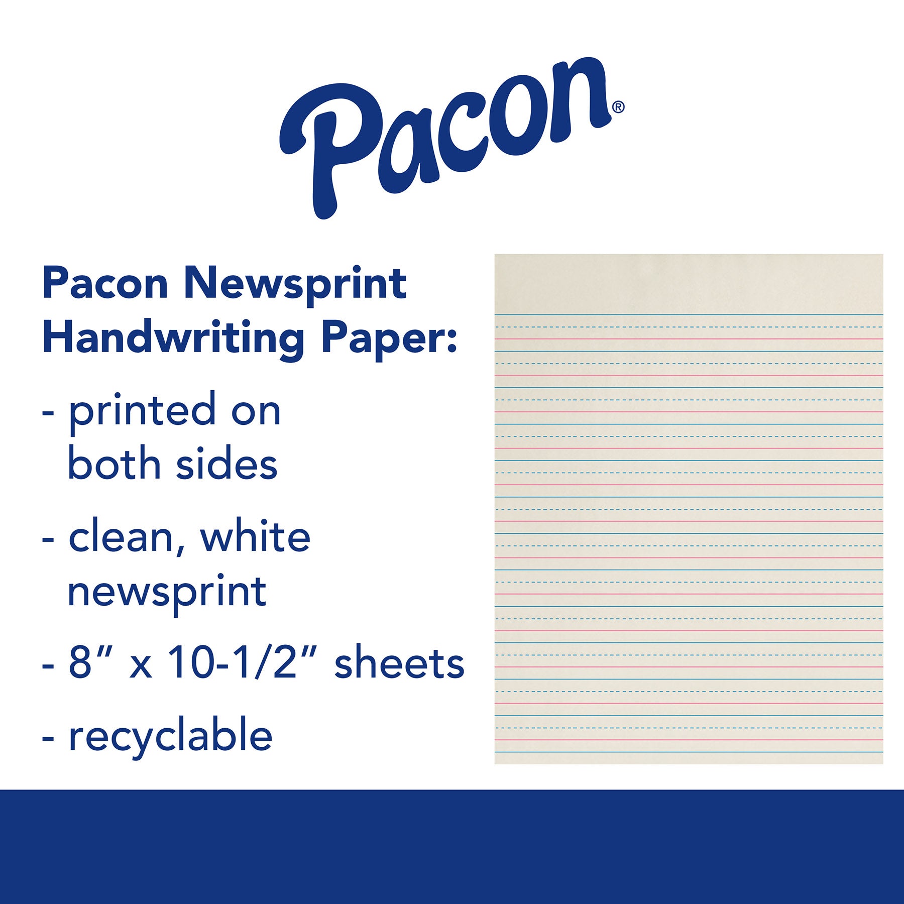 Newsprint Handwriting Paper, Dotted Midline, Grade 2, 1/2" x 1/4" x 1/4" Ruled Short, 8" x 10-1/2", 500 Sheets Per Pack, 3 Packs