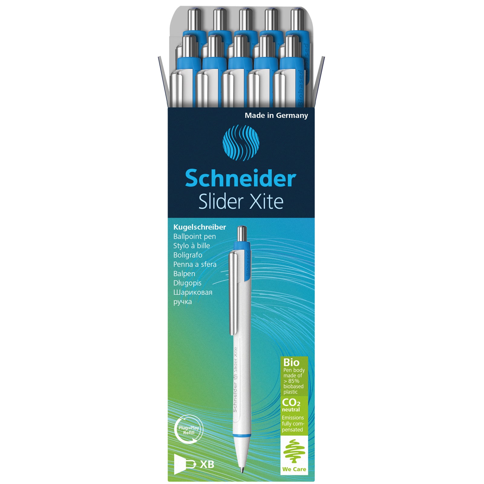 Slider Xite XB Refillable + Retractable Ballpoint Pen, 1.4 mm, Blue Ink, Box of 10 Pens