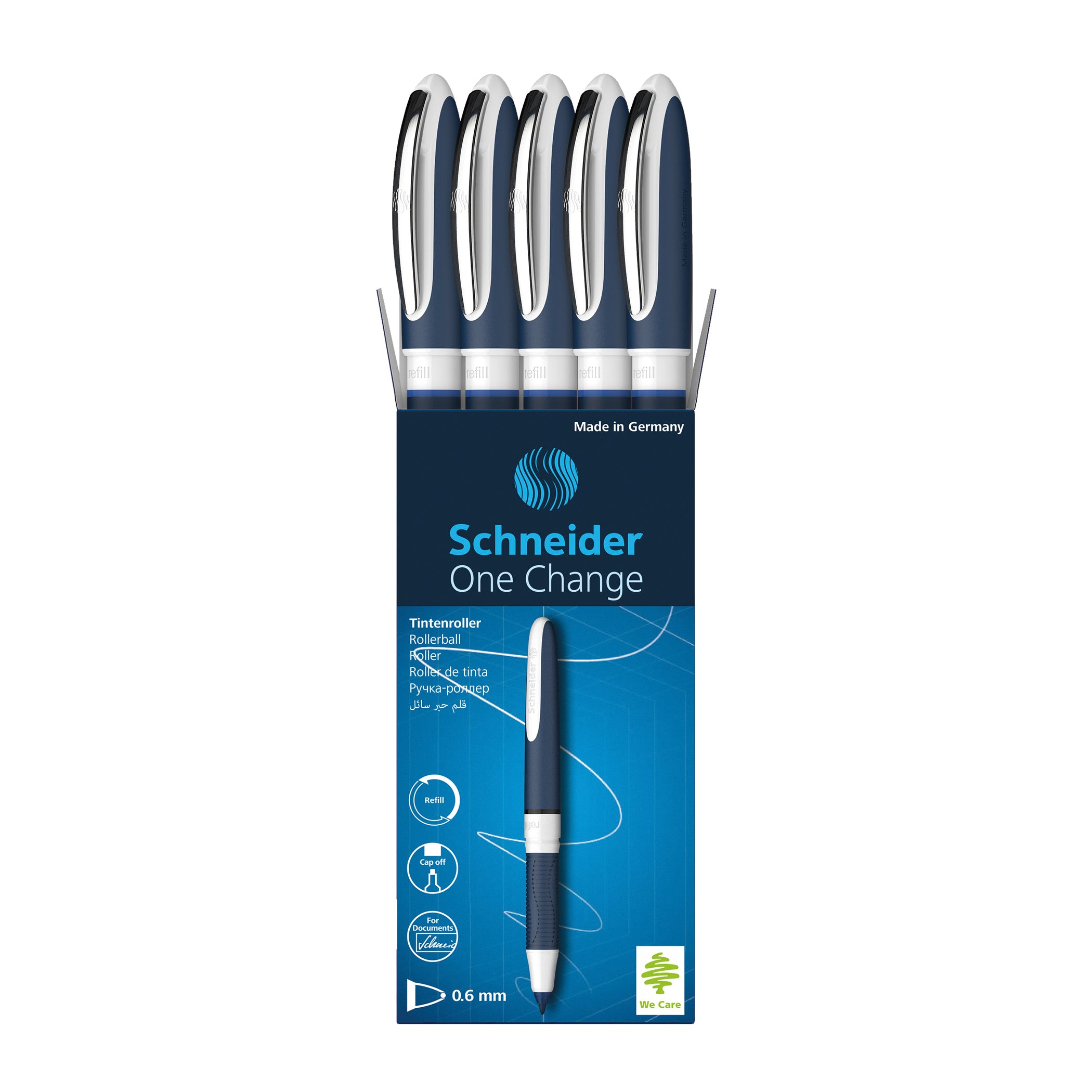 One Change Refillable Rollerball Pens, 0.6 mm, Blue, Pack of 5