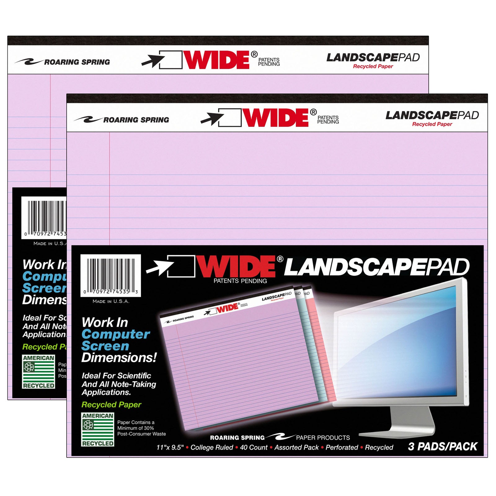 Legal Pad, Landscape, Orchid/Blue/Pink, 3 Per Pack, 2 Packs