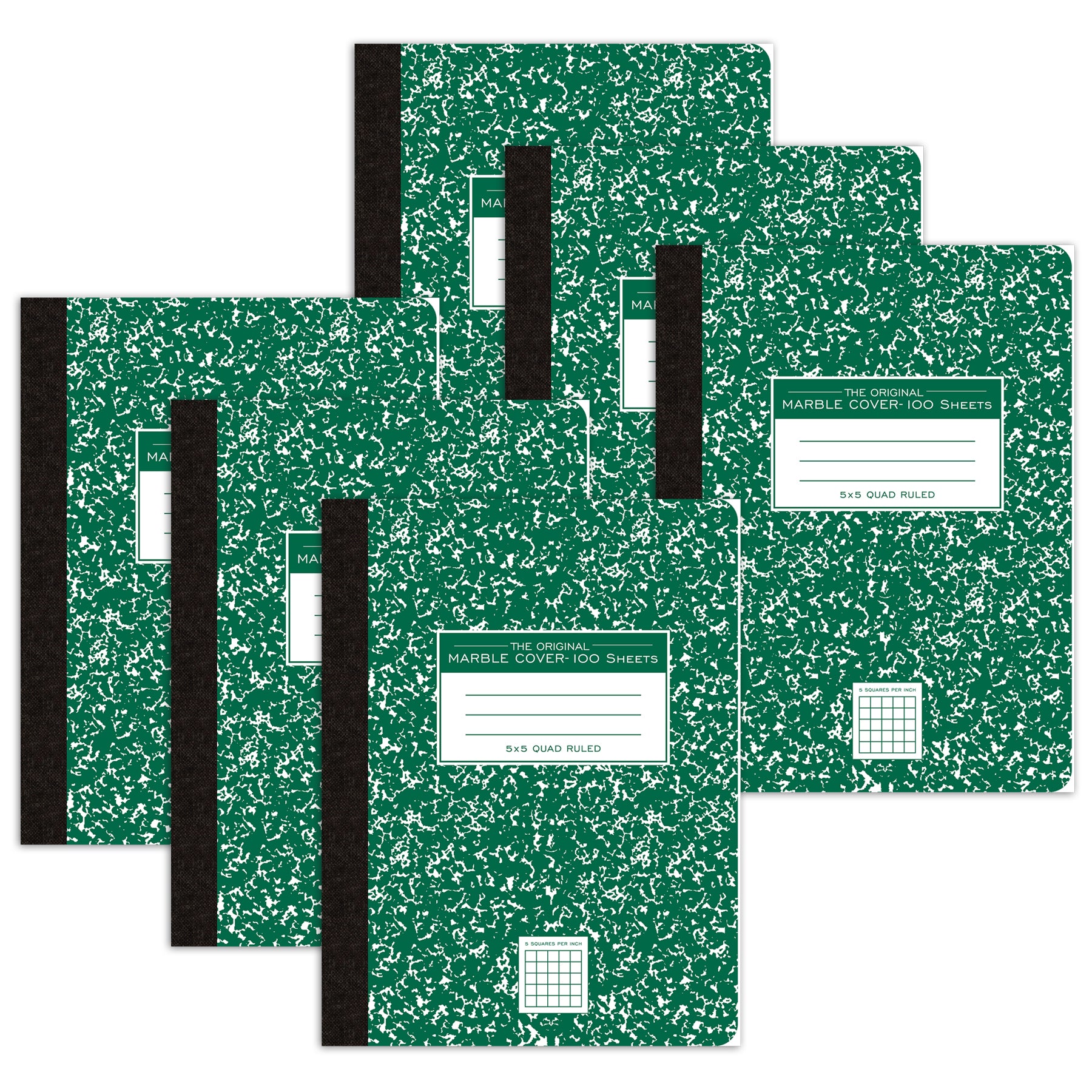 Composition Book, 5x5 Graph, 100 Sheets, 9.75" x 7.5", Green Marble, Pack of 6