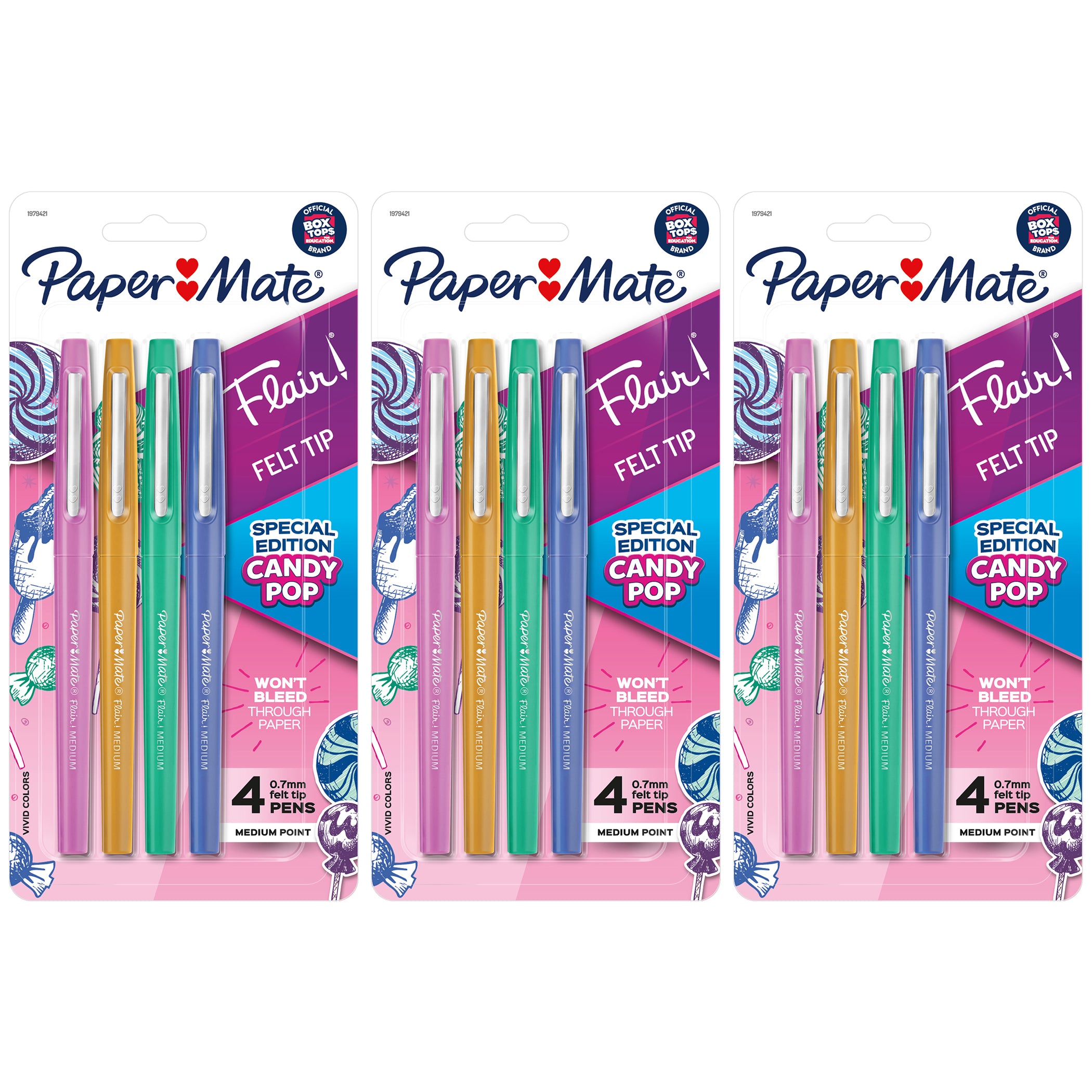 Flair Felt Tip Pens, Medium Point, Candy Pop Pack, 4 Per Pack, 3 Packs