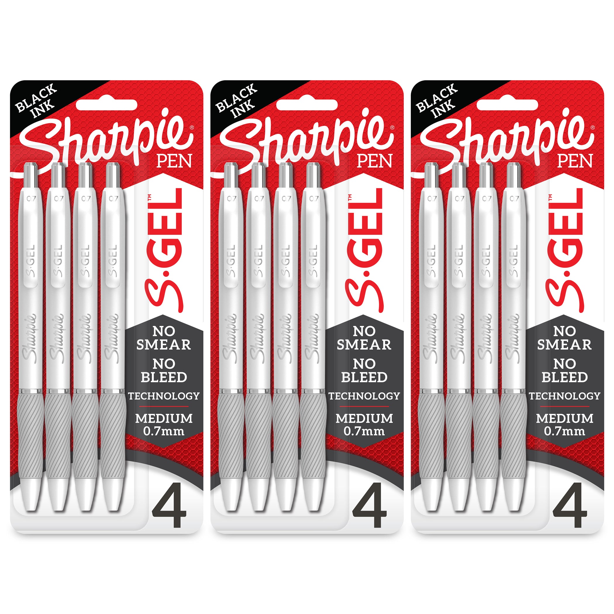 S-Gel, Gel Pens, Medium Point (0.7mm), Pearl White Body, Black Gel Ink Pens, 4 Per Pack, 3 Packs