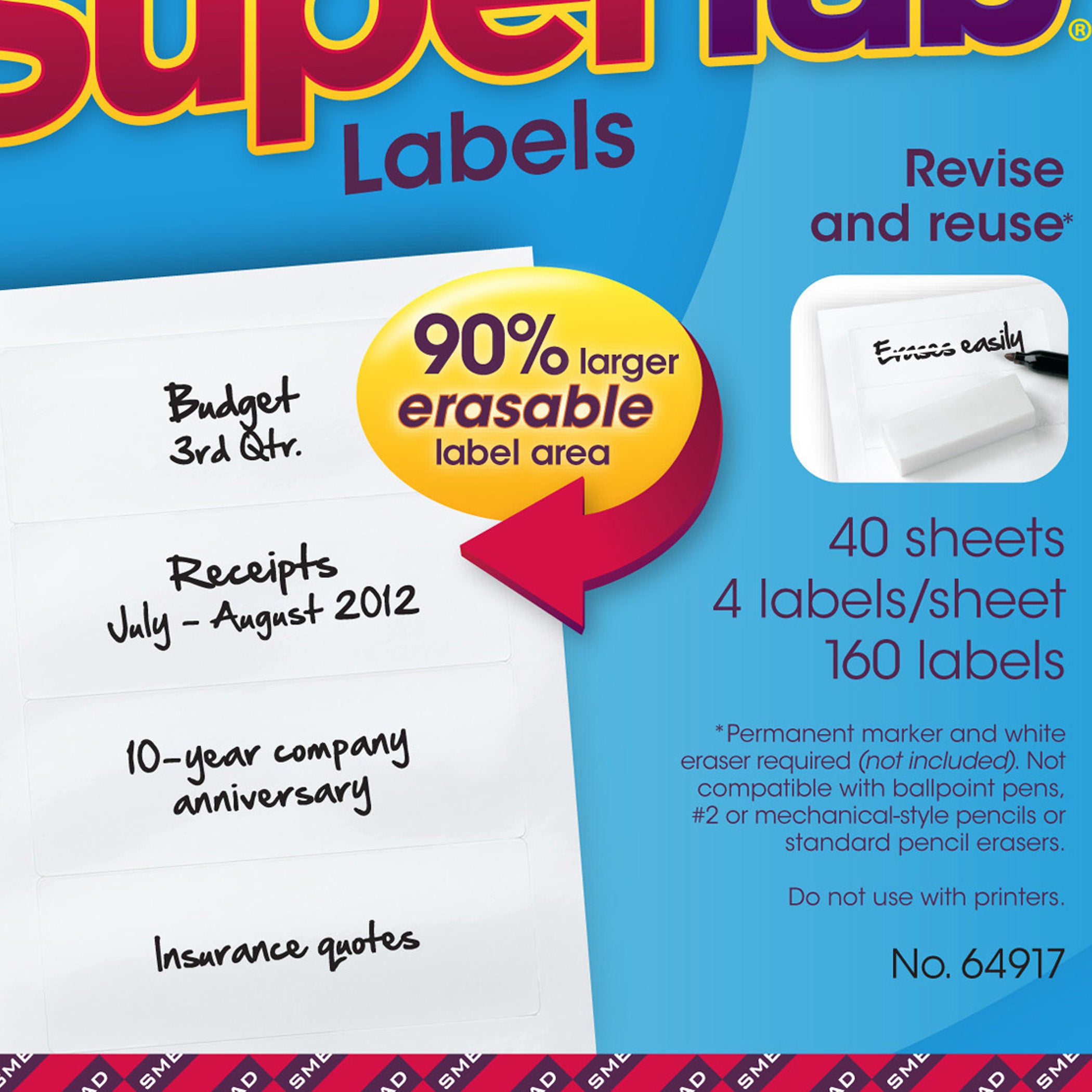 Erasable SuperTab® File Folder Labels, White, 160 labels Per Pack, 2 Packs