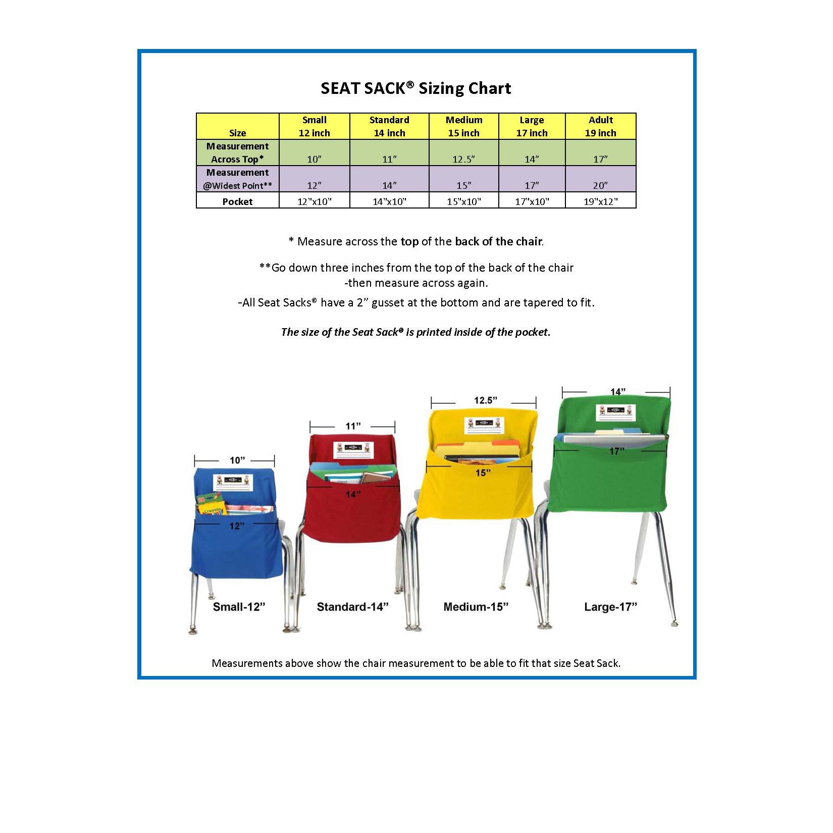 Small Chair Pocket Classroom Storage Organizer - 12 inch, Blue