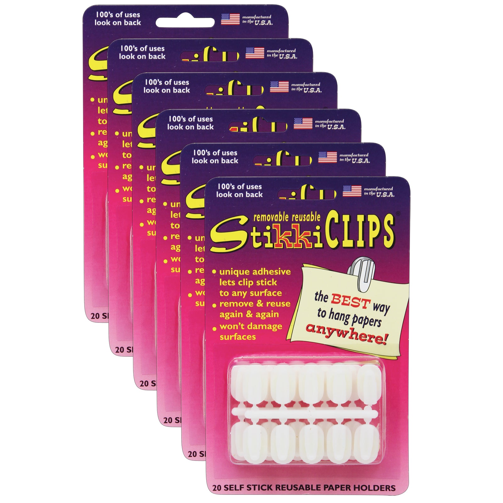 StikkiCLIPS™ Adhesive Clips, White, 20 Per Pack, 6 Packs