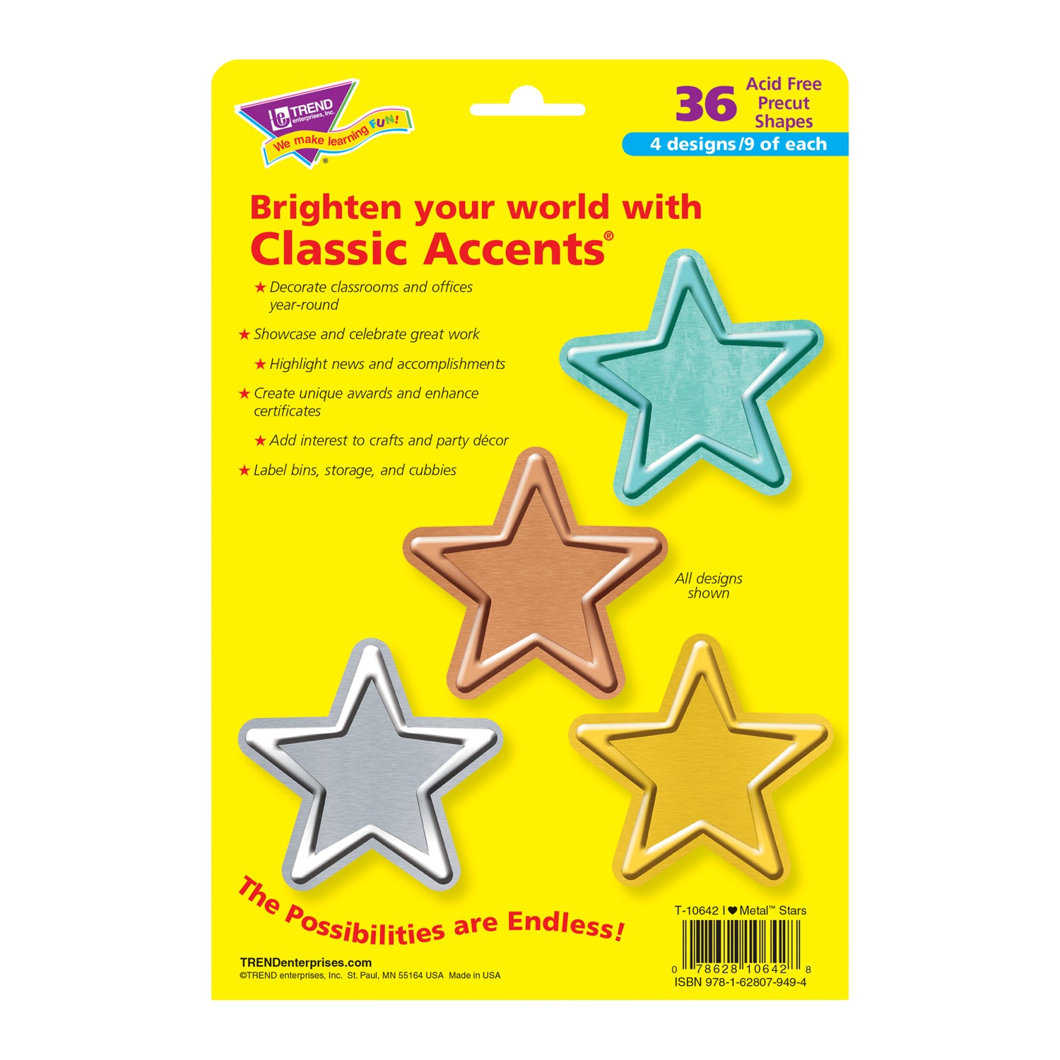 I ♥ Metal™ Stars Classic Accents® Variety Pack, 36 Per Pack, 3 Packs - A1 School Supplies