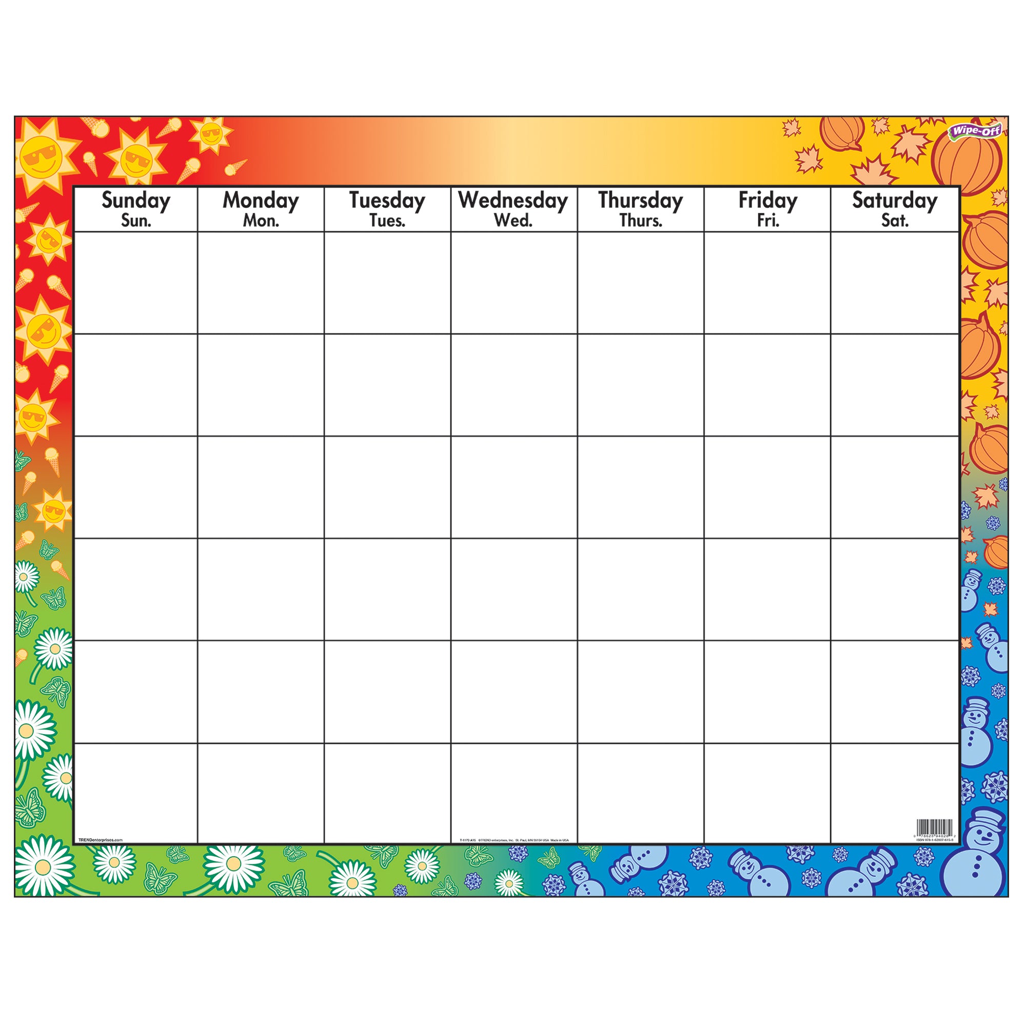 Wipe-Off Calendar Chart, 22" x 28", Pack of 6