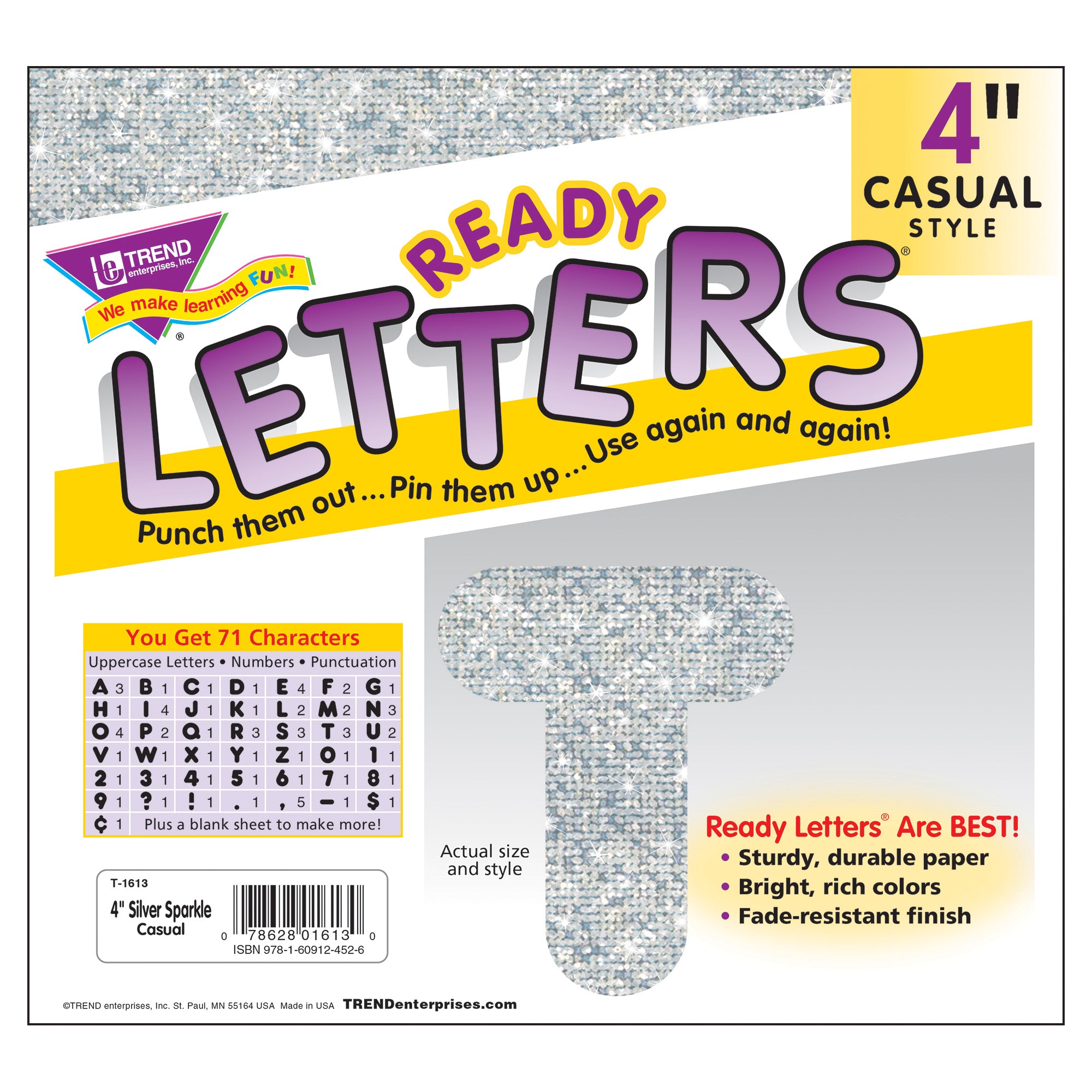 Silver Sparkle 4" Casual Uppercase Ready Letters®, 71 Per Pack, 3 Packs